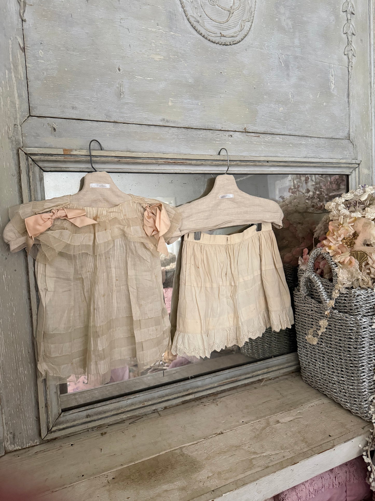 Antique Girls Lace Dress Pink Silk Ribbon & Skirt