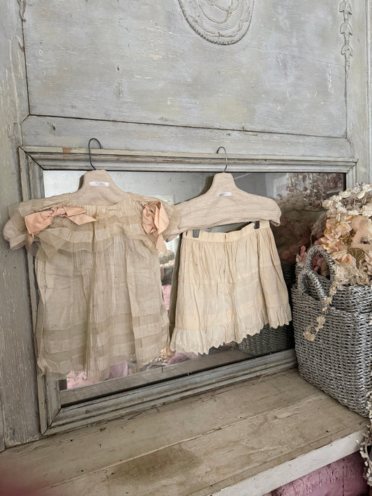 Antique Girls Lace Dress Pink Silk Ribbon & Skirt