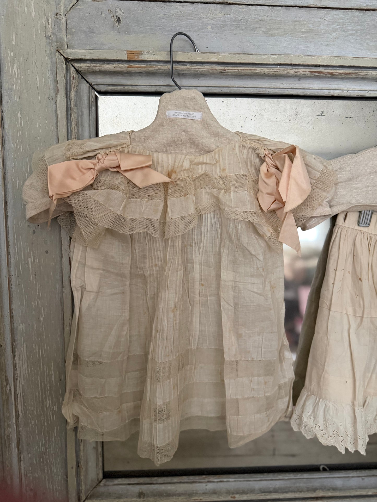 Antique Girls Lace Dress Pink Silk Ribbon & Skirt