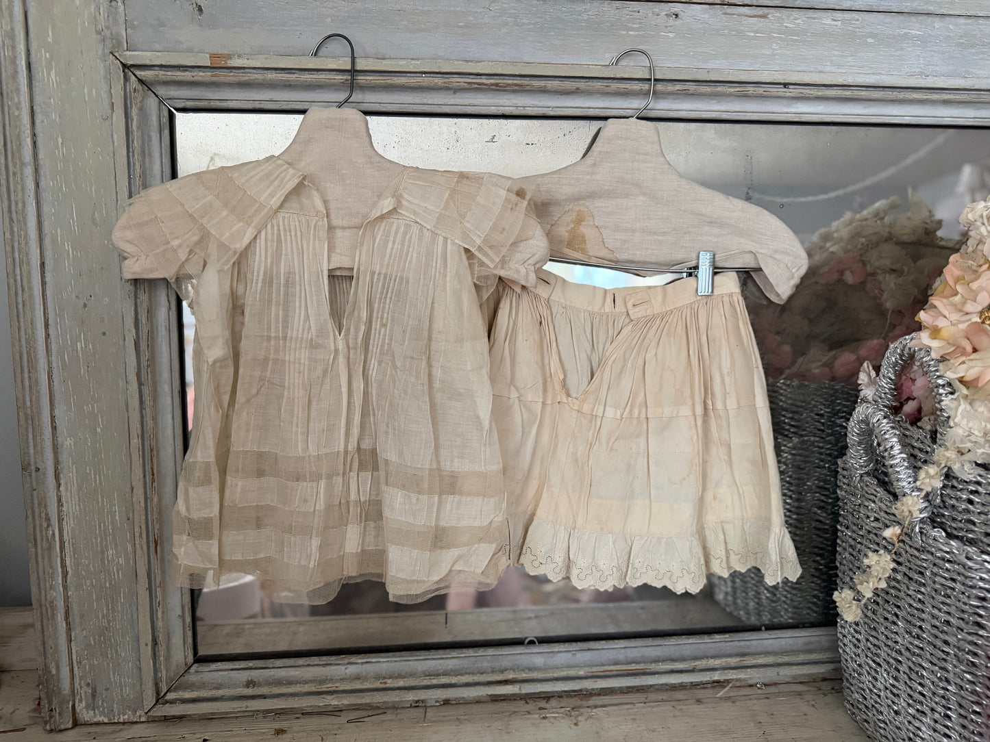 Antique Girls Lace Dress Pink Silk Ribbon & Skirt