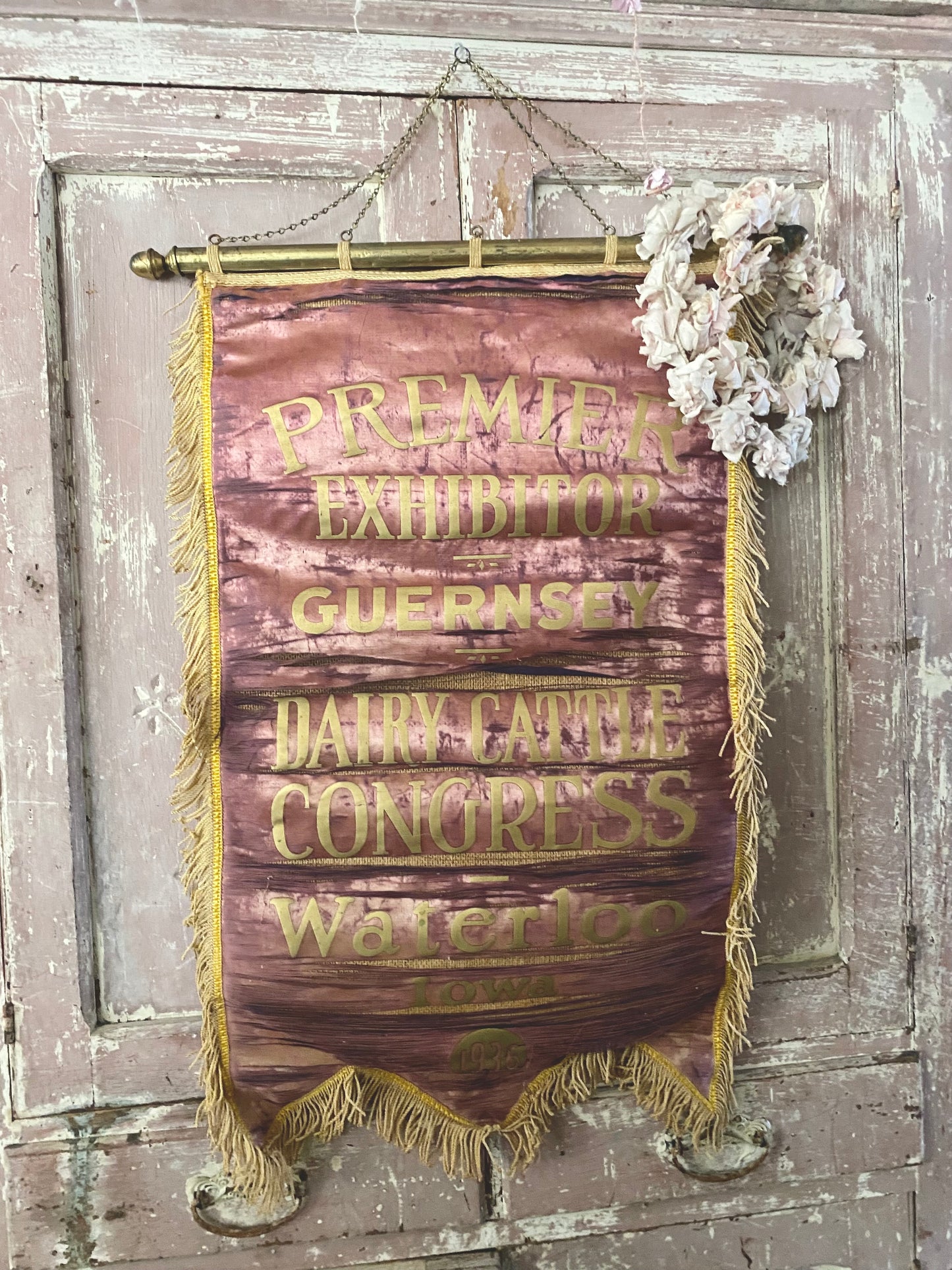 Antique Faded Maroon Dusty Purple Silk Banner 1936