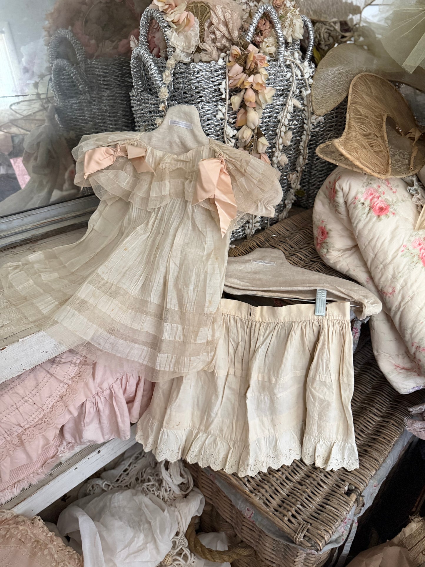Antique Girls Lace Dress Pink Silk Ribbon & Skirt