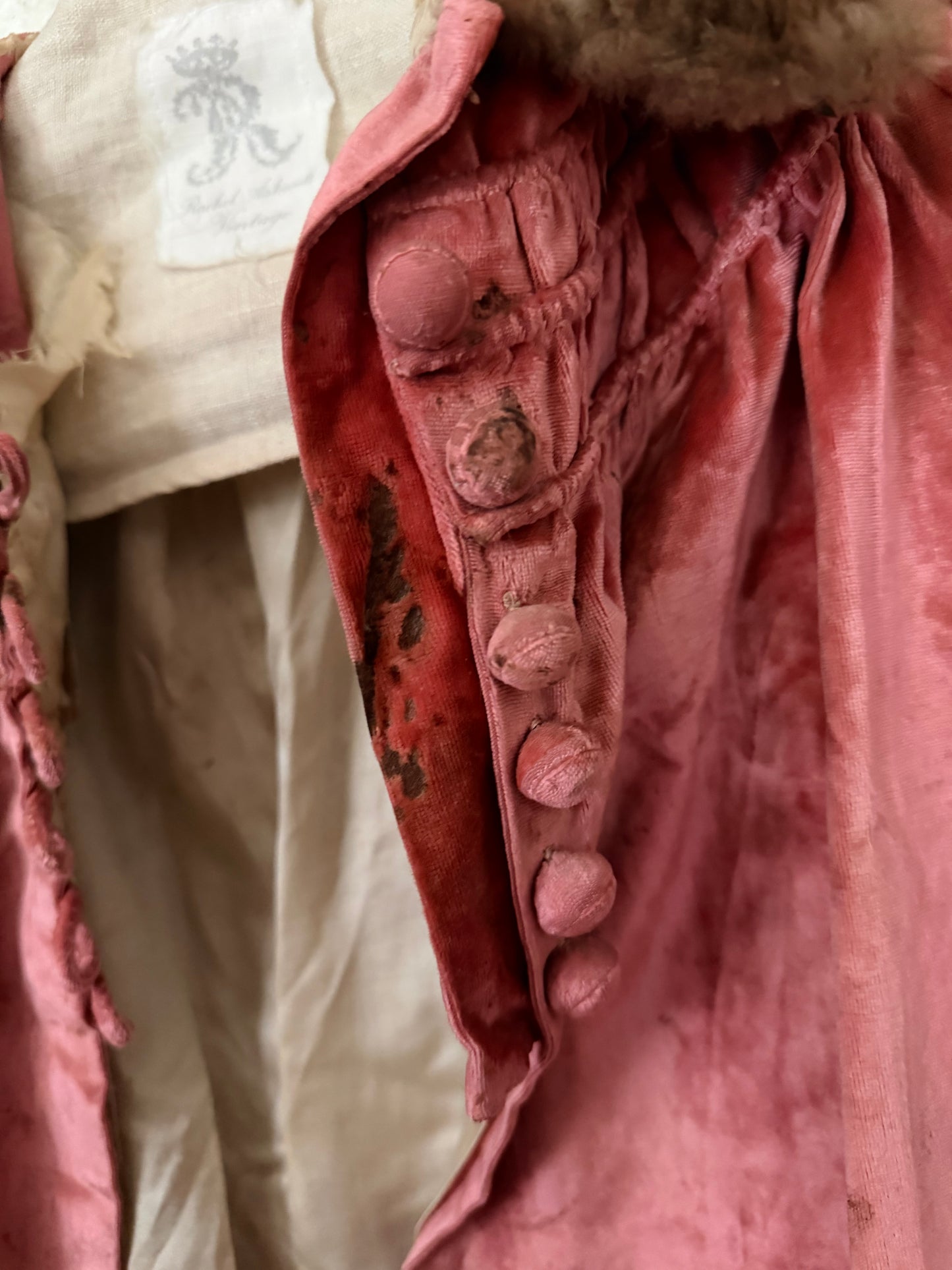 Antique Victorian Girls Pink Velvet Fur Coat & Bonnet