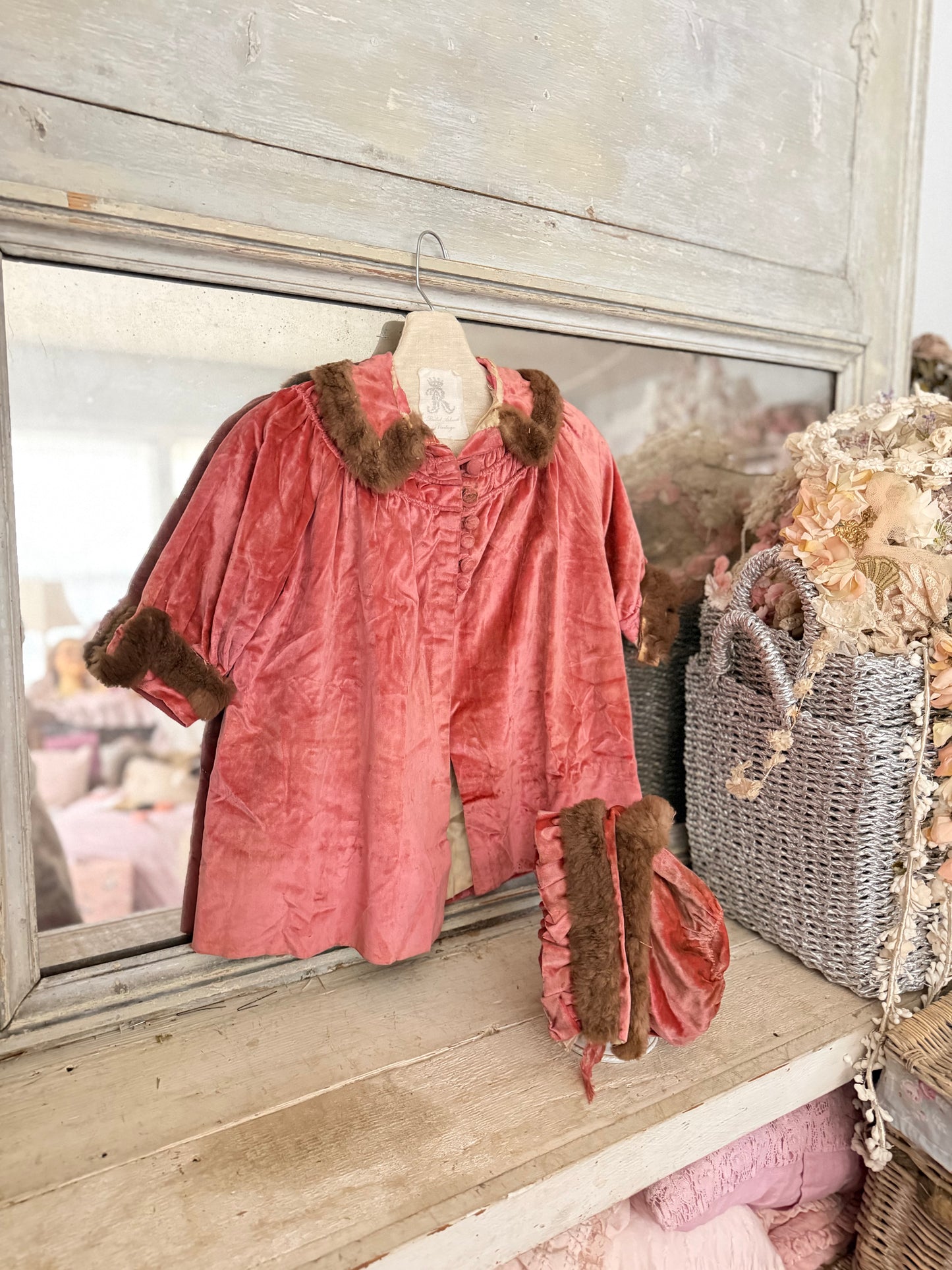 Antique Victorian Girls Pink Velvet Fur Coat & Bonnet