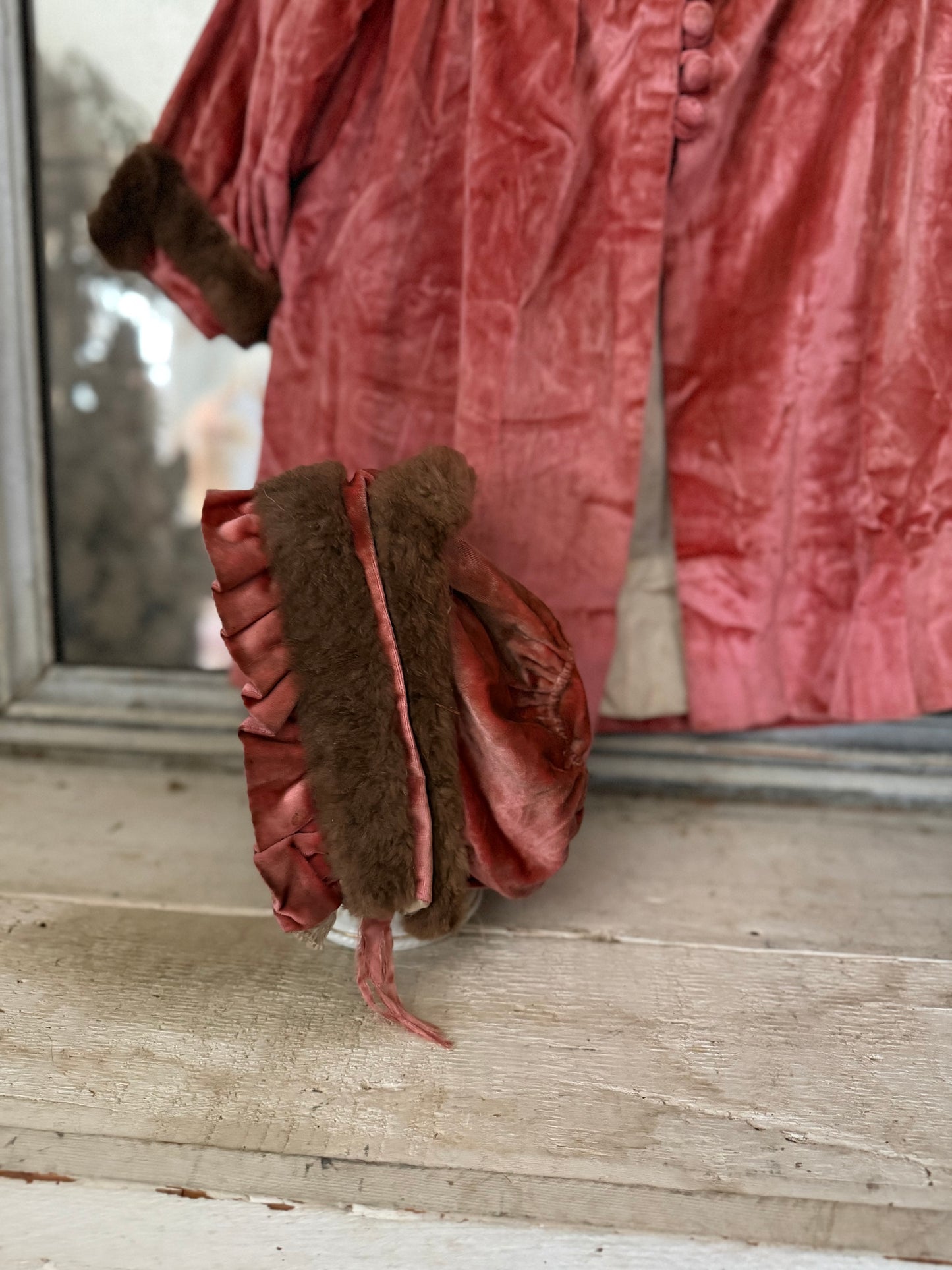 Antique Victorian Girls Pink Velvet Fur Coat & Bonnet