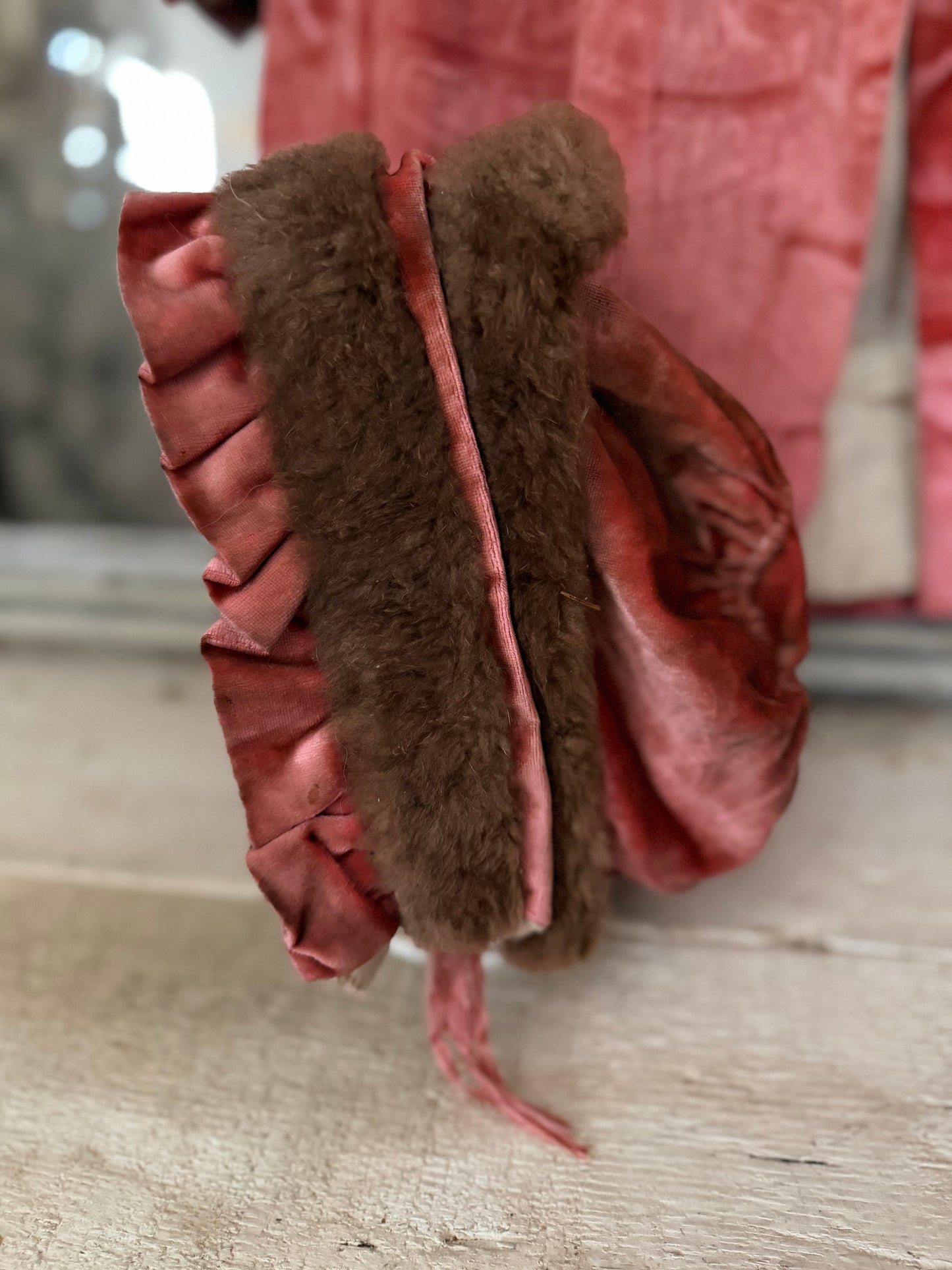 Antique Victorian Girls Pink Velvet Fur Coat & Bonnet