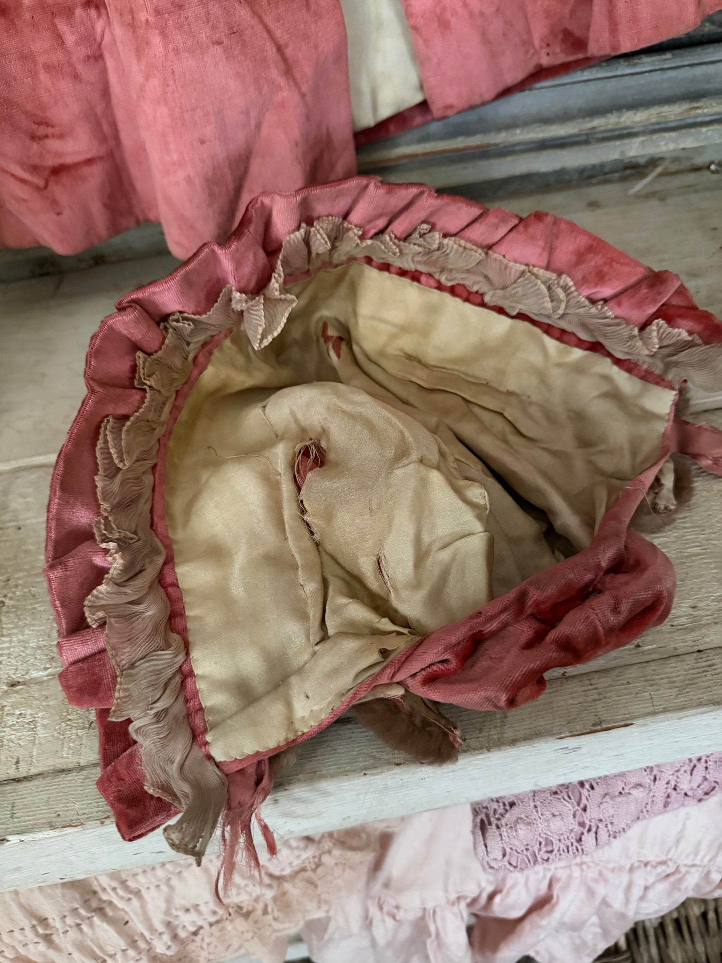 Antique Victorian Girls Pink Velvet Fur Coat & Bonnet