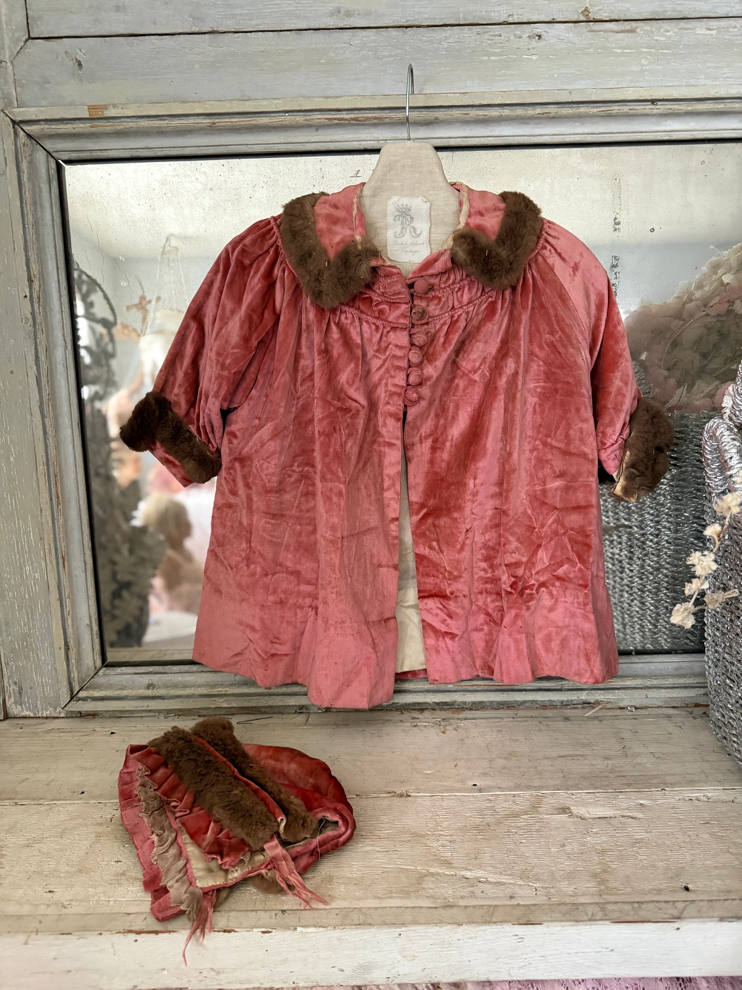 Antique Victorian Girls Pink Velvet Fur Coat & Bonnet