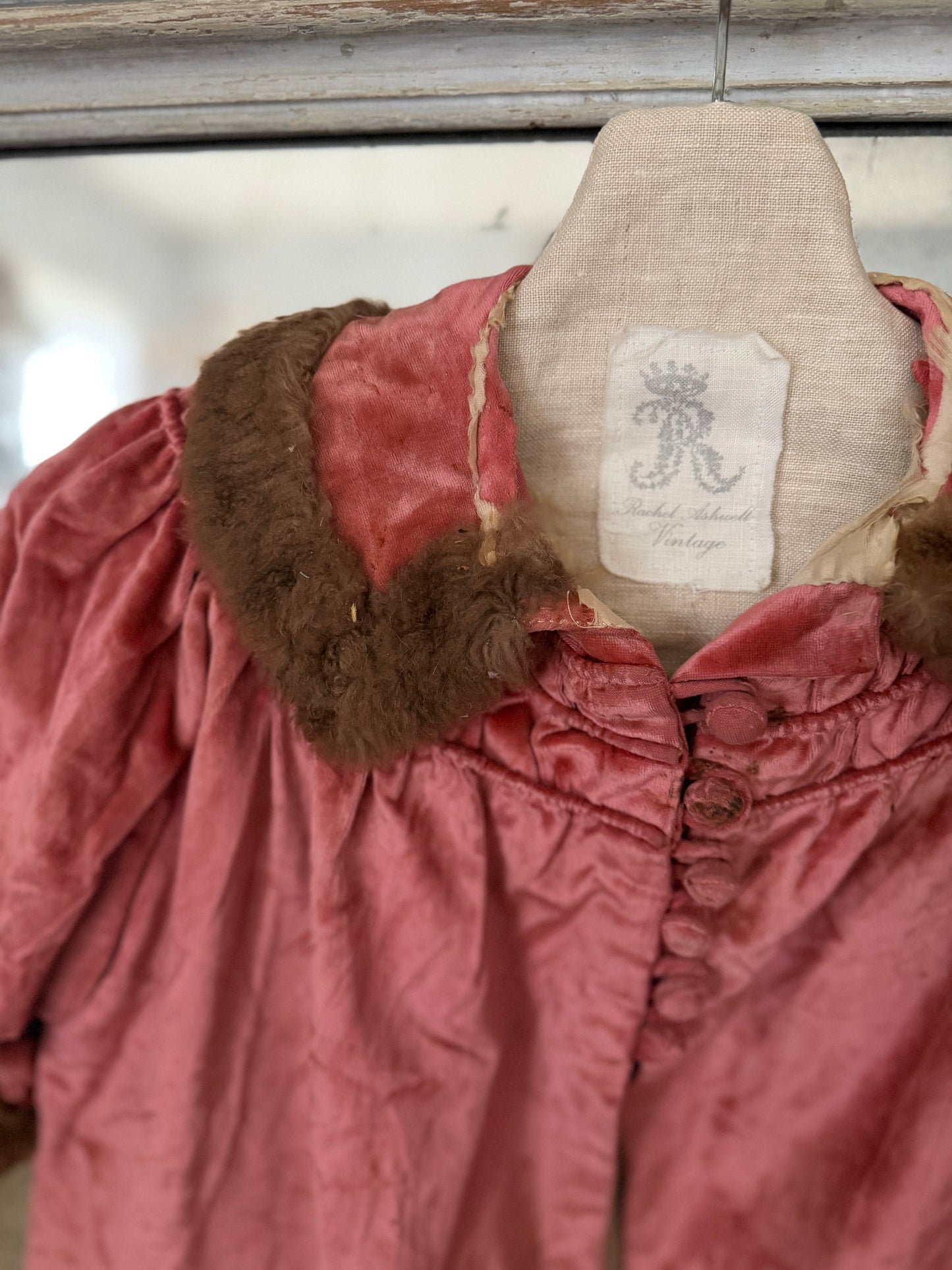 Antique Victorian Girls Pink Velvet Fur Coat & Bonnet