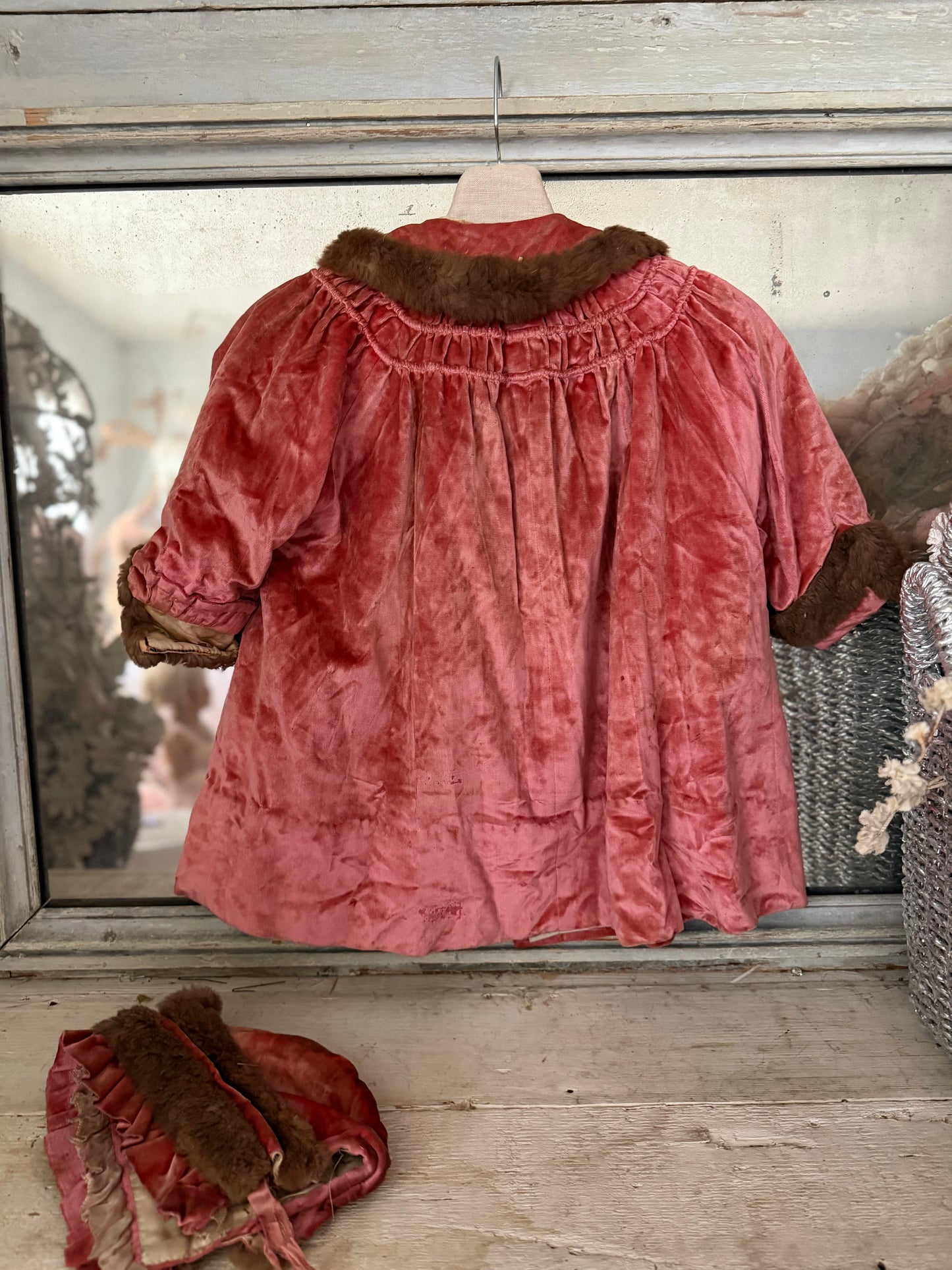 Antique Victorian Girls Pink Velvet Fur Coat & Bonnet