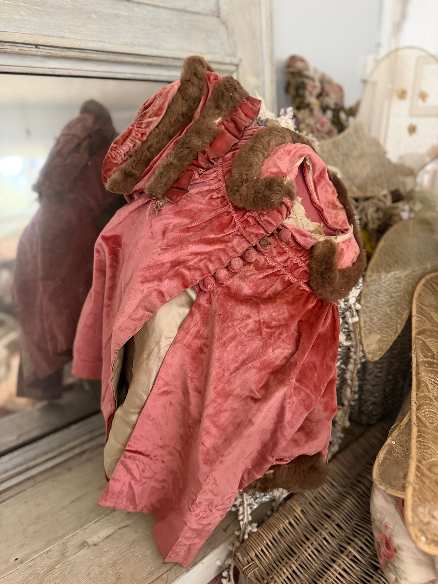 Antique Victorian Girls Pink Velvet Fur Coat & Bonnet