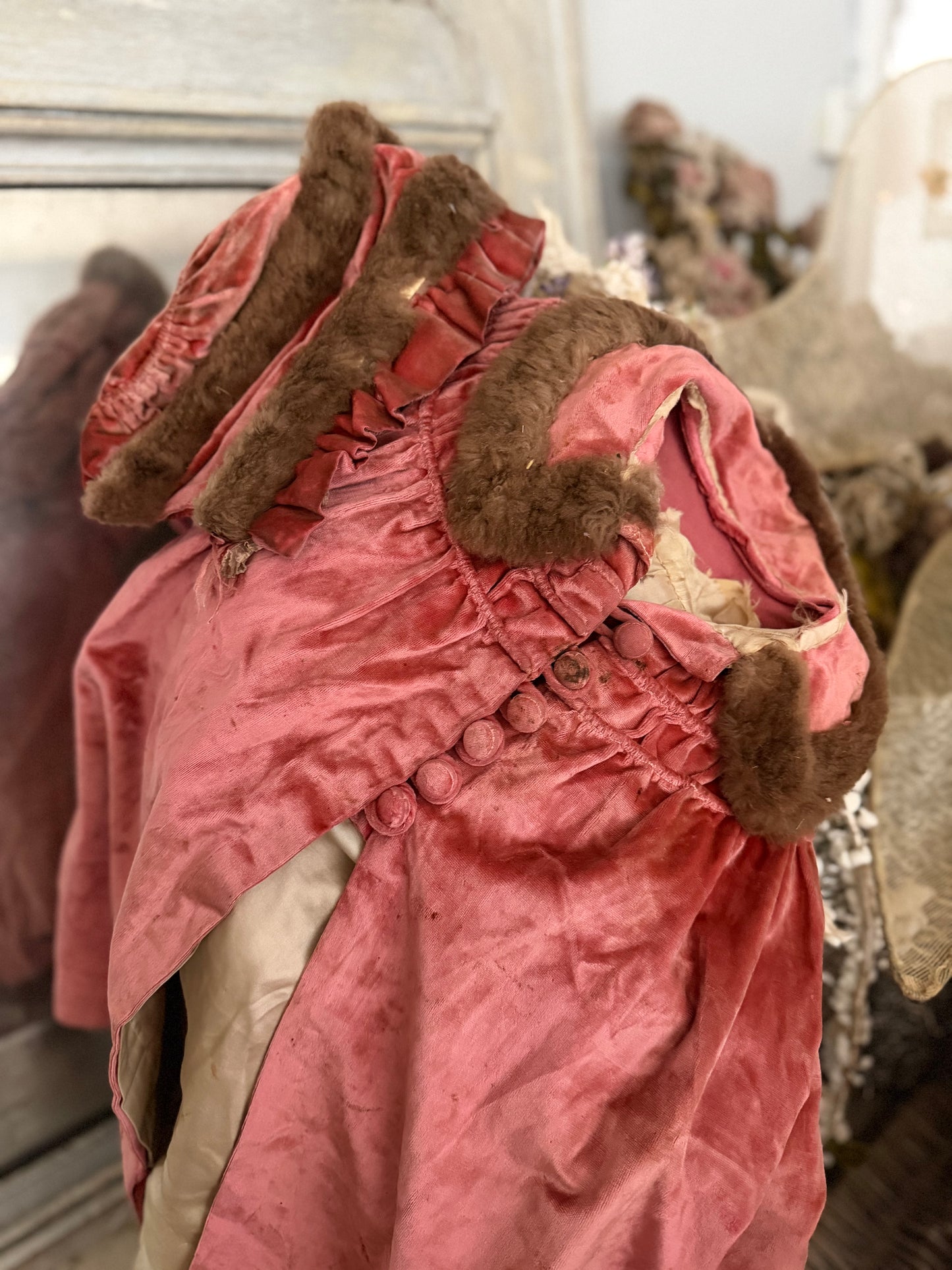 Antique Victorian Girls Pink Velvet Fur Coat & Bonnet