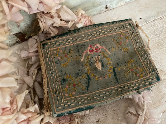 Antique 18th Century Blue Silk Embroidered Clutch Pouch