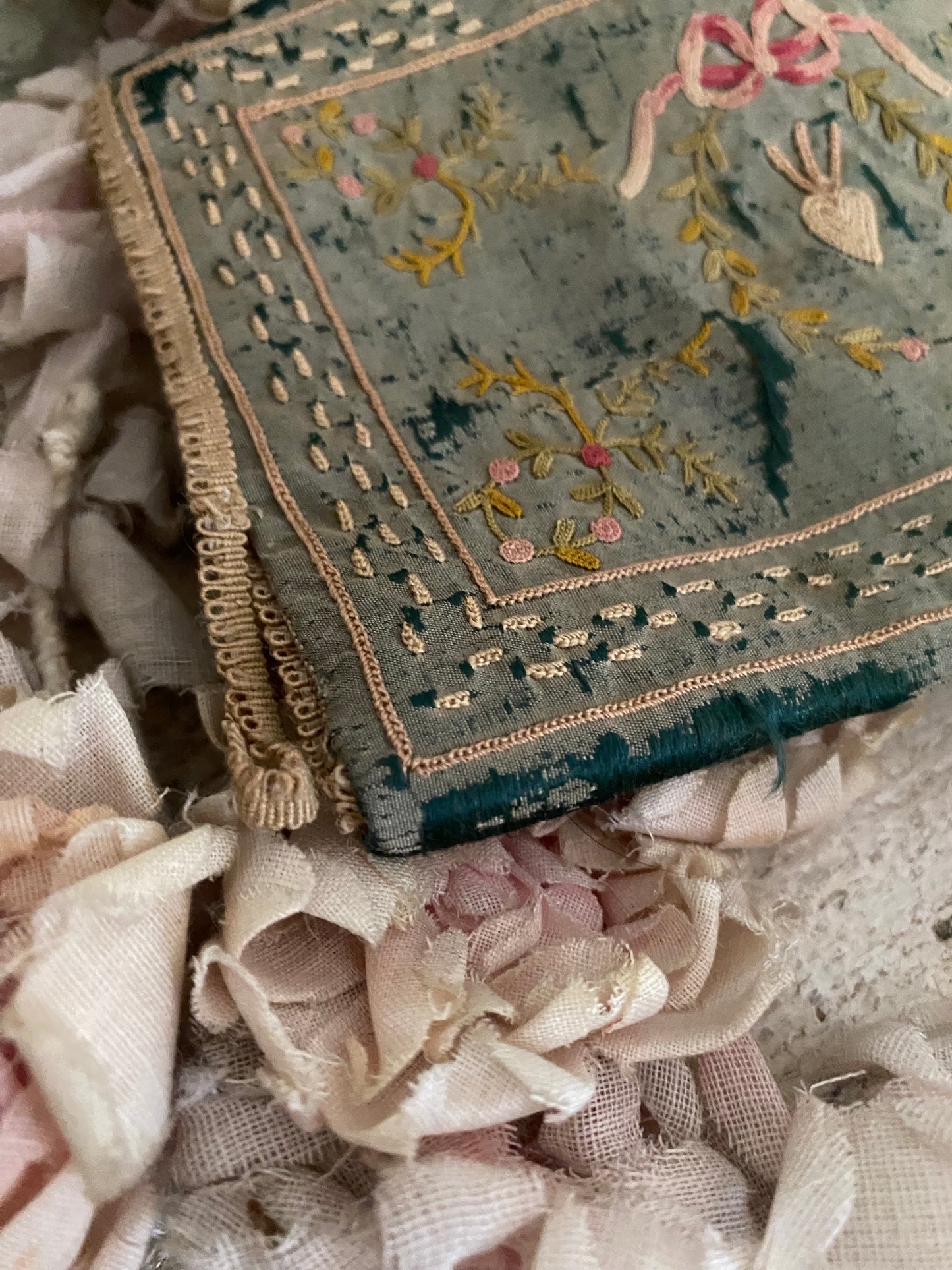 Antique 18th Century Blue Silk Embroidered Clutch Pouch