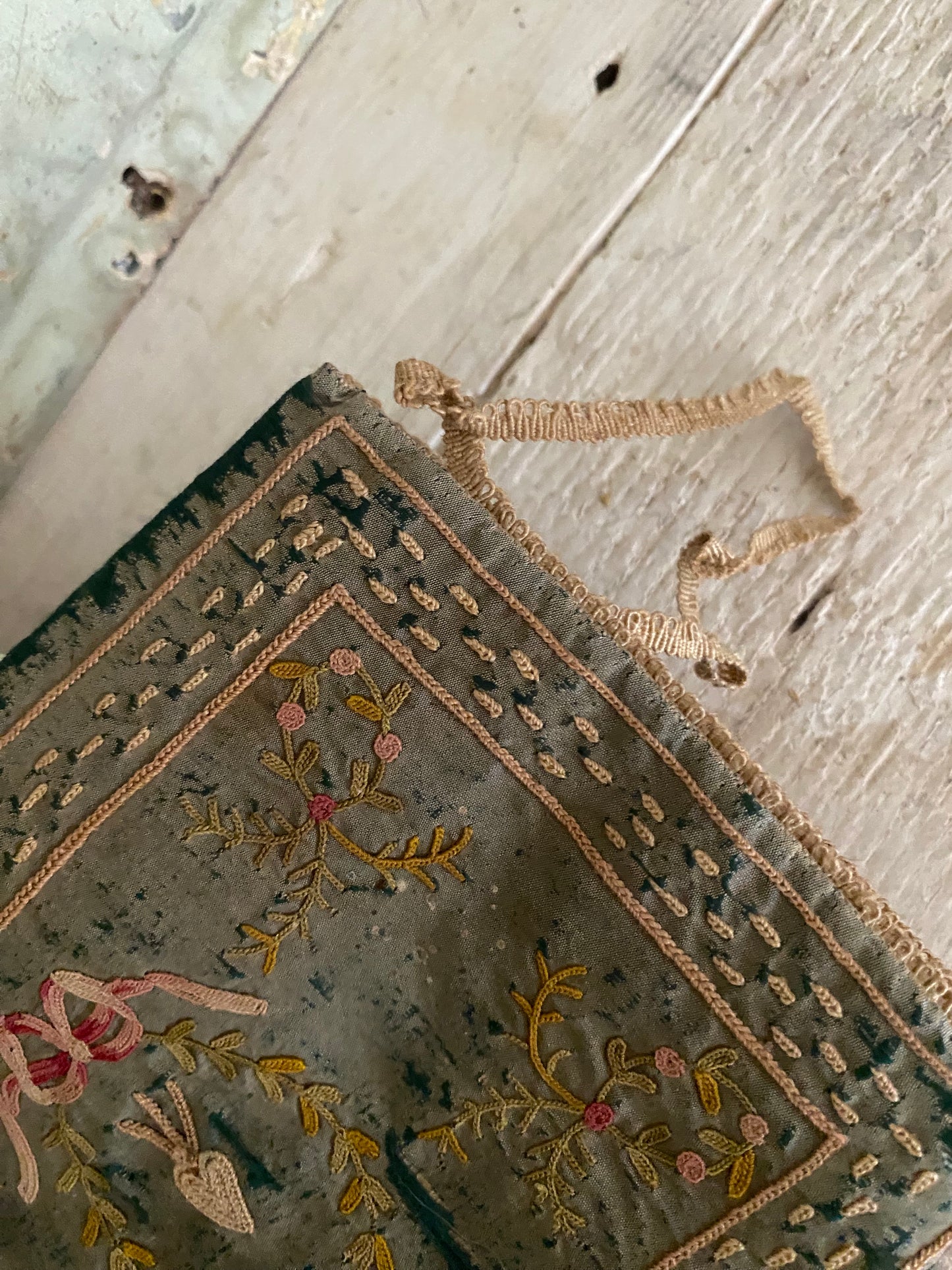 Antique 18th Century Blue Silk Embroidered Clutch Pouch