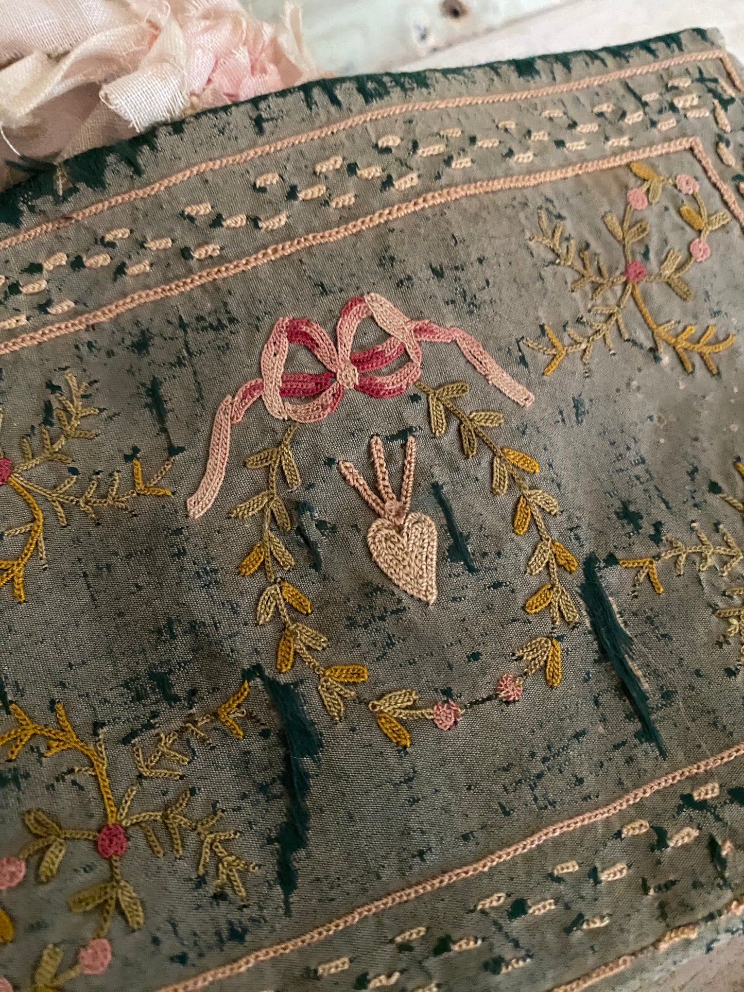 Antique 18th Century Blue Silk Embroidered Clutch Pouch