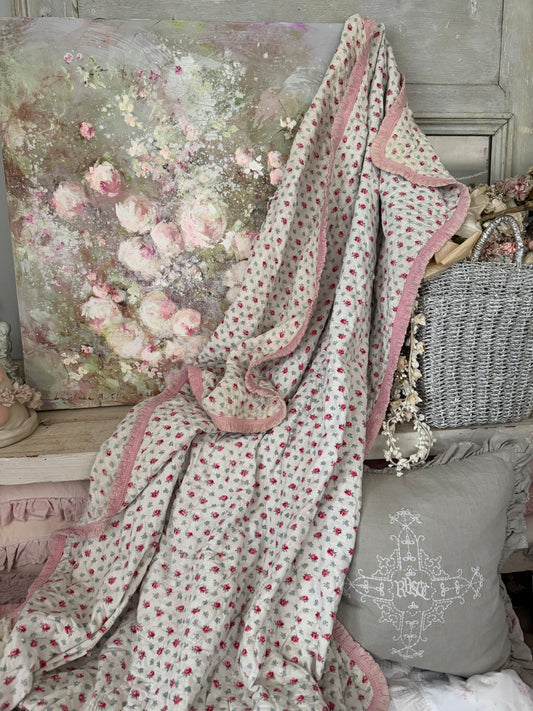 Vintage Pink Rose Ruffed Blanket