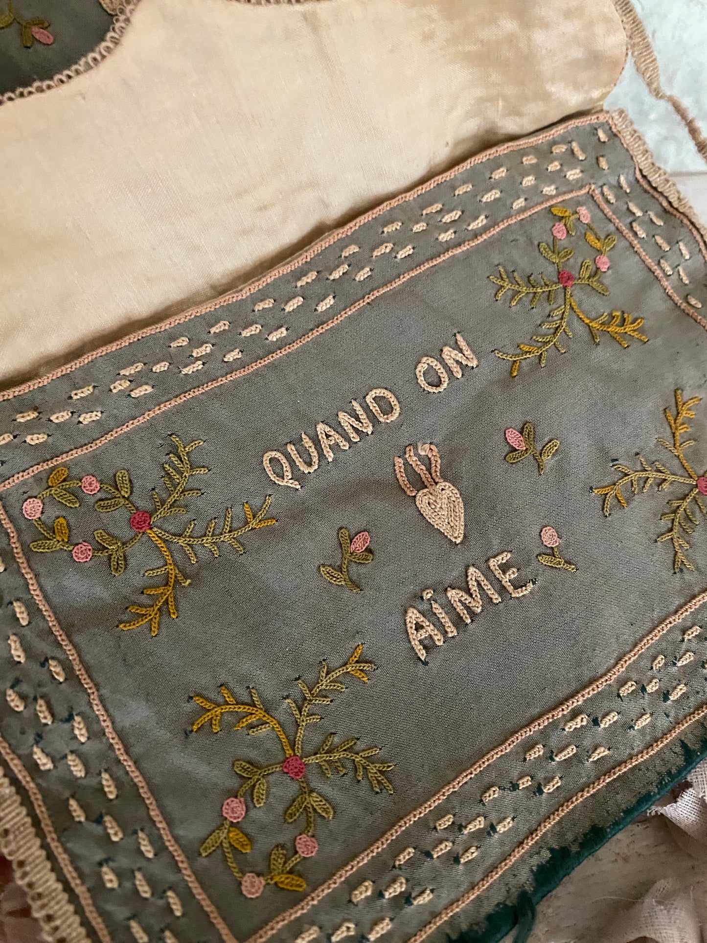Antique 18th Century Blue Silk Embroidered Clutch Pouch