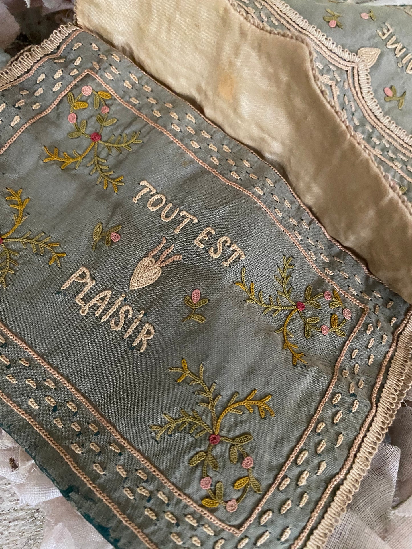 Antique 18th Century Blue Silk Embroidered Clutch Pouch