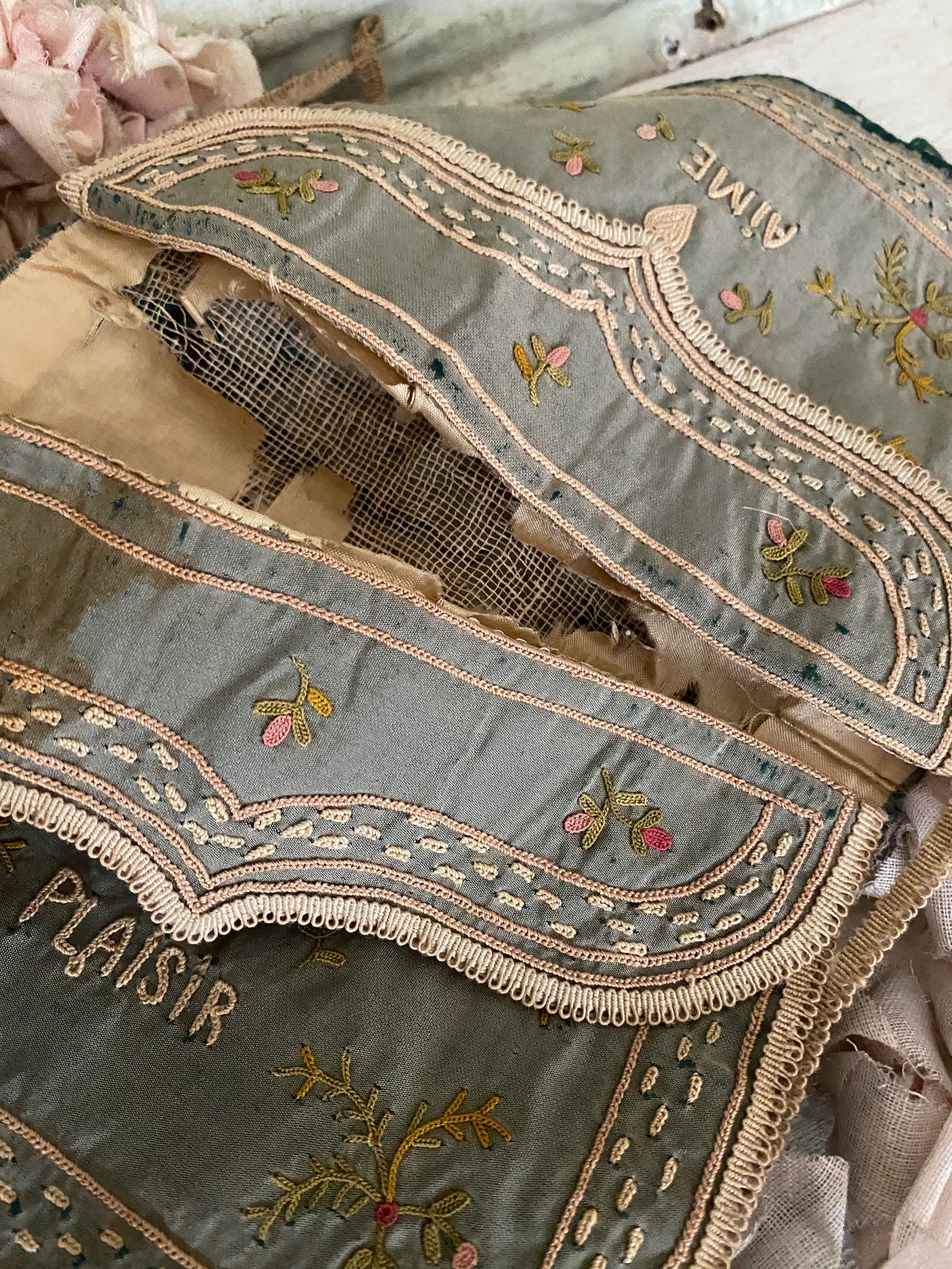 Antique 18th Century Blue Silk Embroidered Clutch Pouch