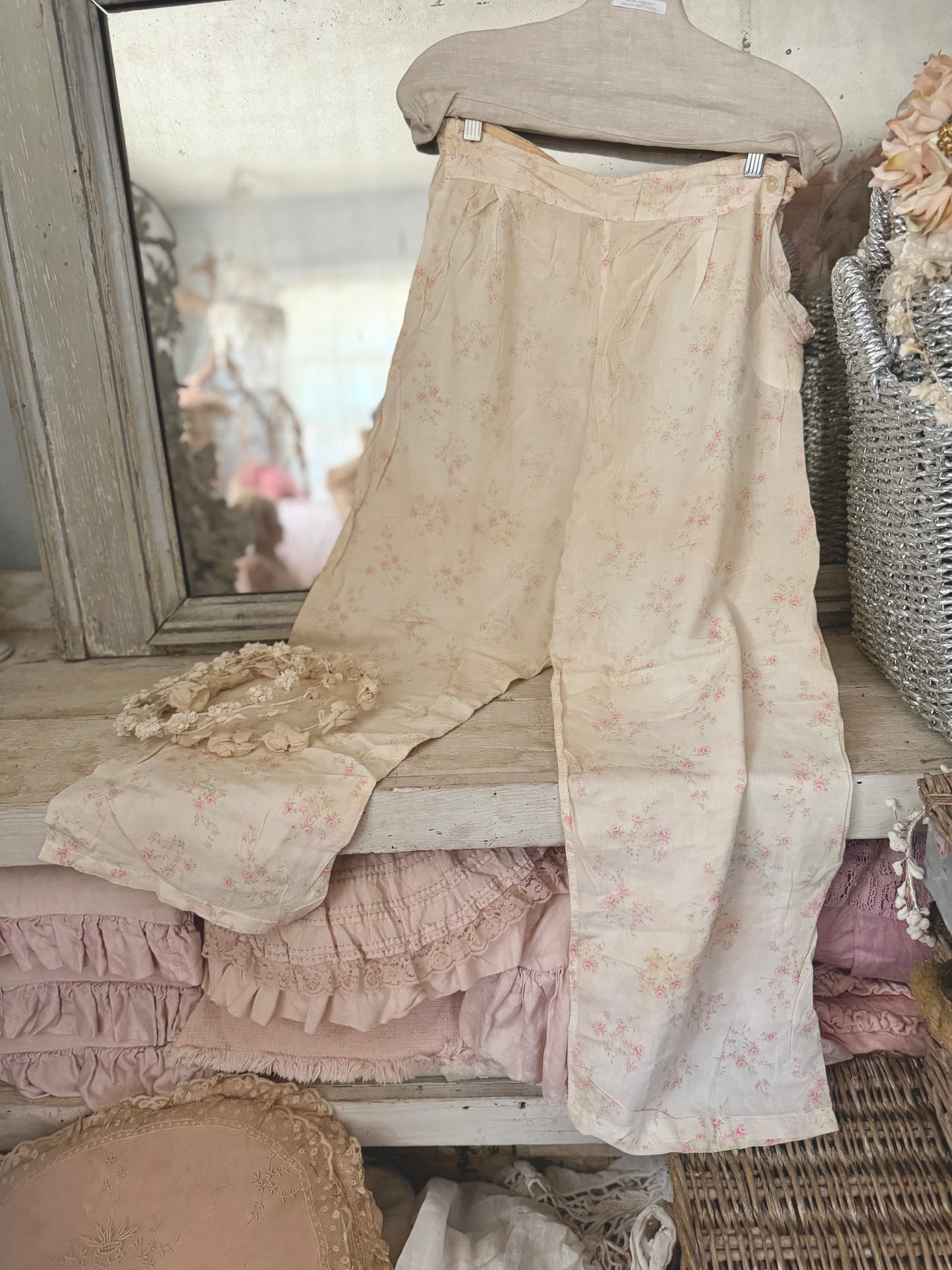 Antique Pink Floral Rose Pajama Pants