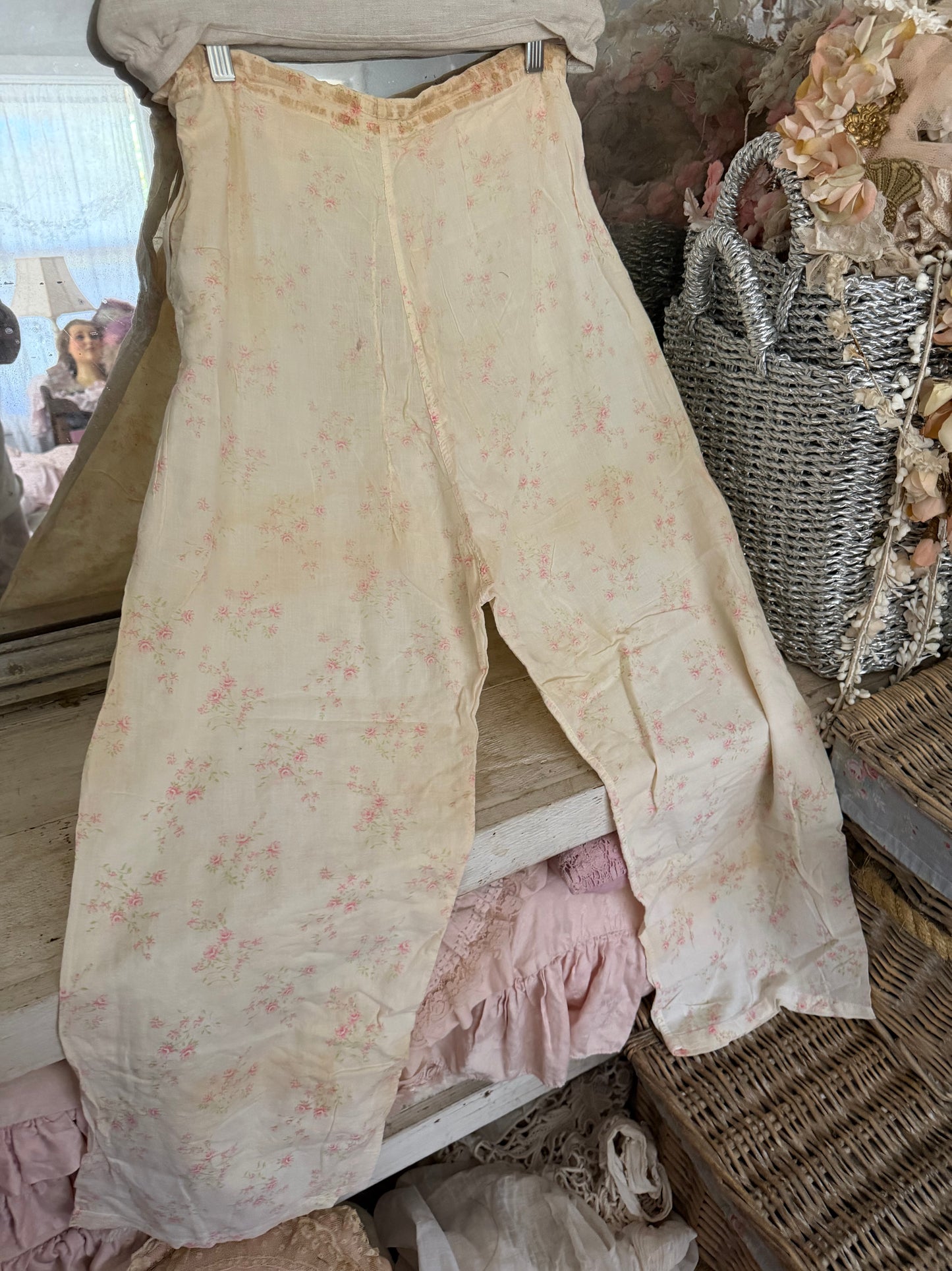 Antique Pink Floral Rose Pajama Pants