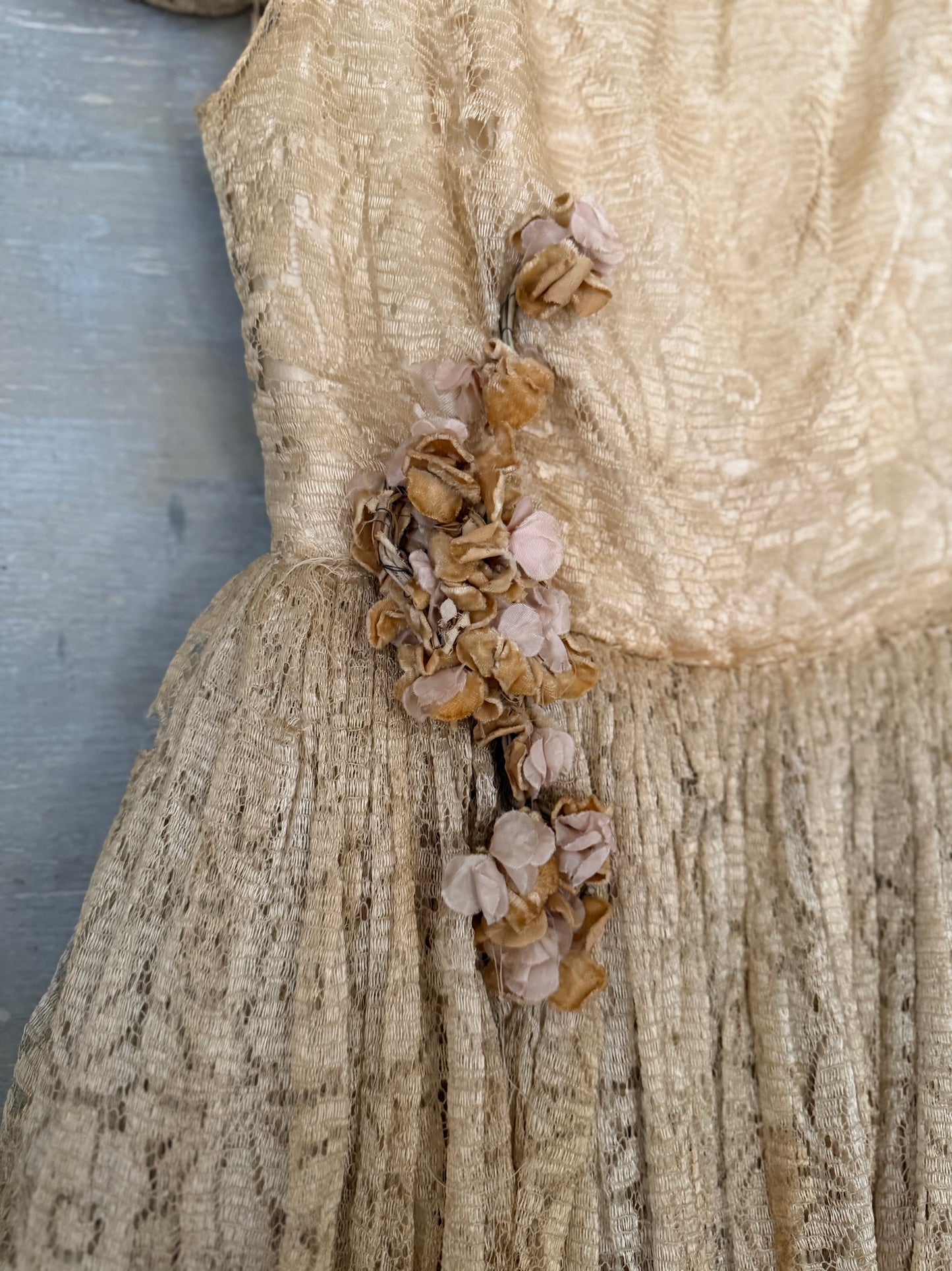 Vintage Full Lace Dress Millinery Flowers Gauze Petticoat
