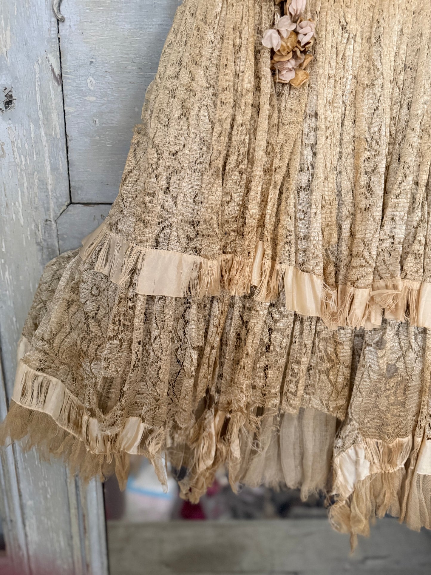 Vintage Full Lace Dress Millinery Flowers Gauze Petticoat