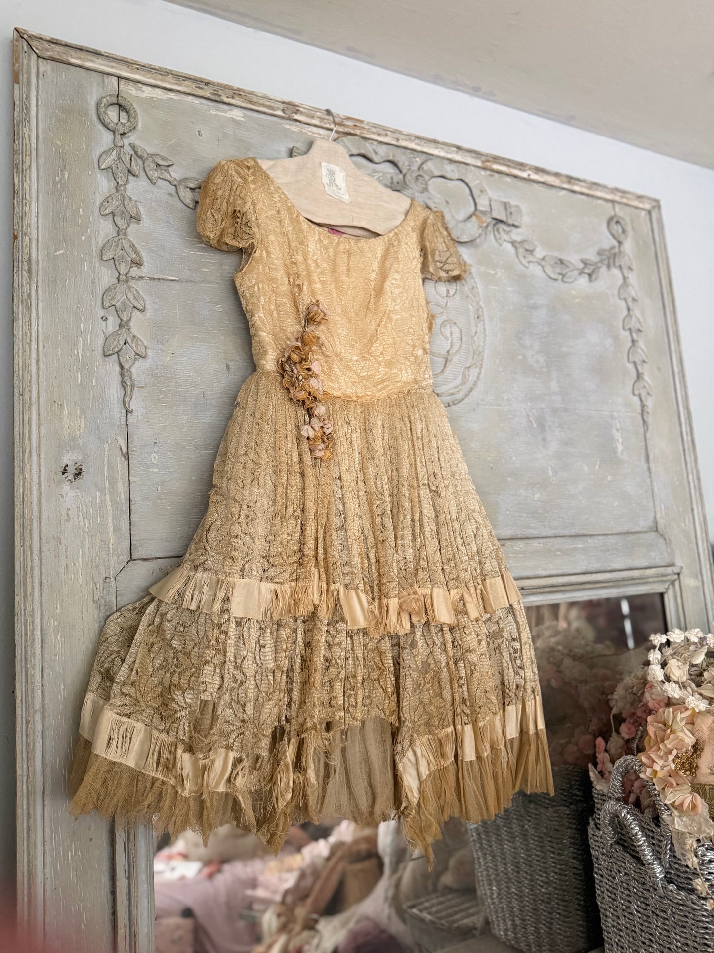 Vintage Full Lace Dress Millinery Flowers Gauze Petticoat