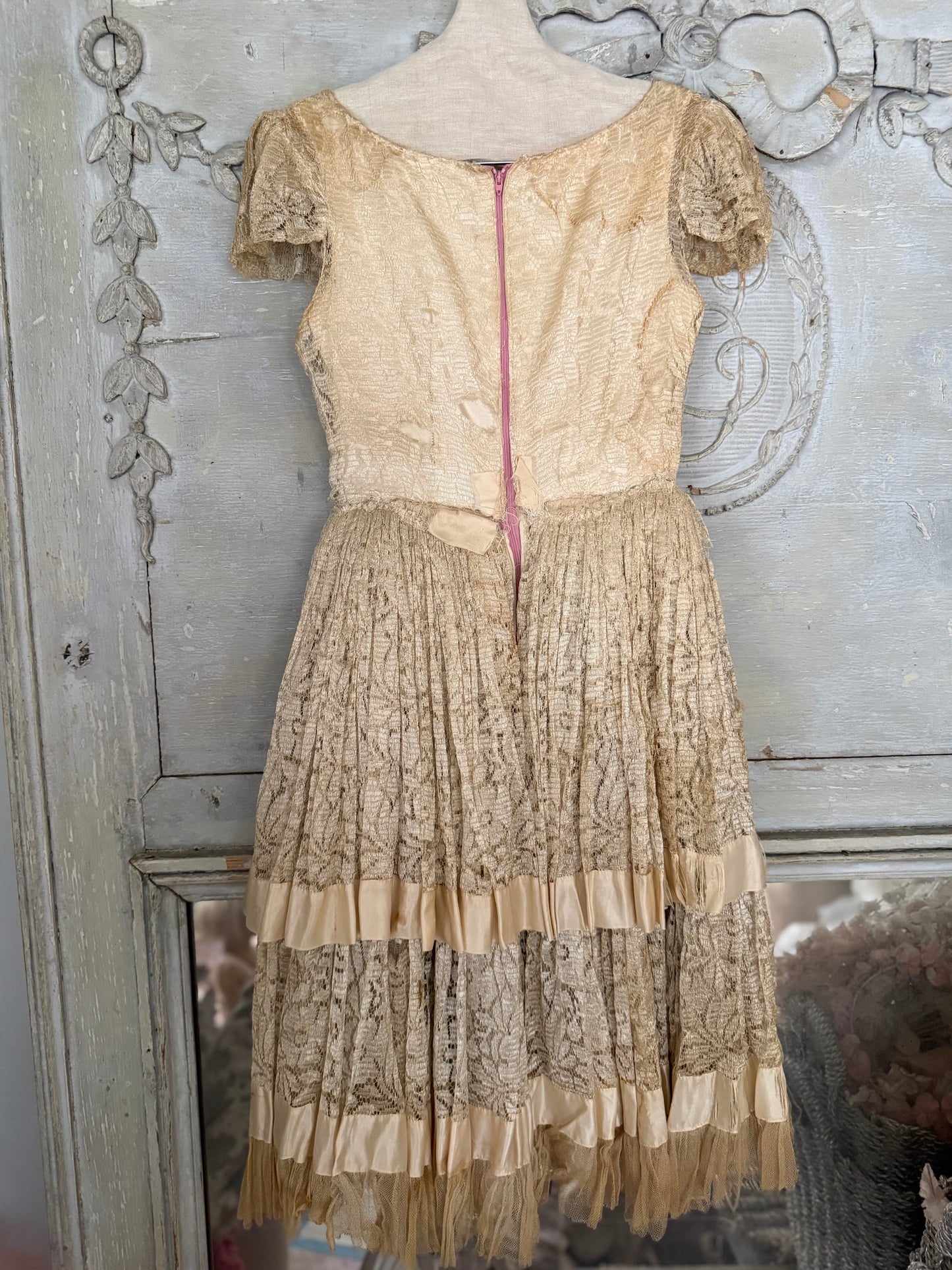 Vintage Full Lace Dress Millinery Flowers Gauze Petticoat