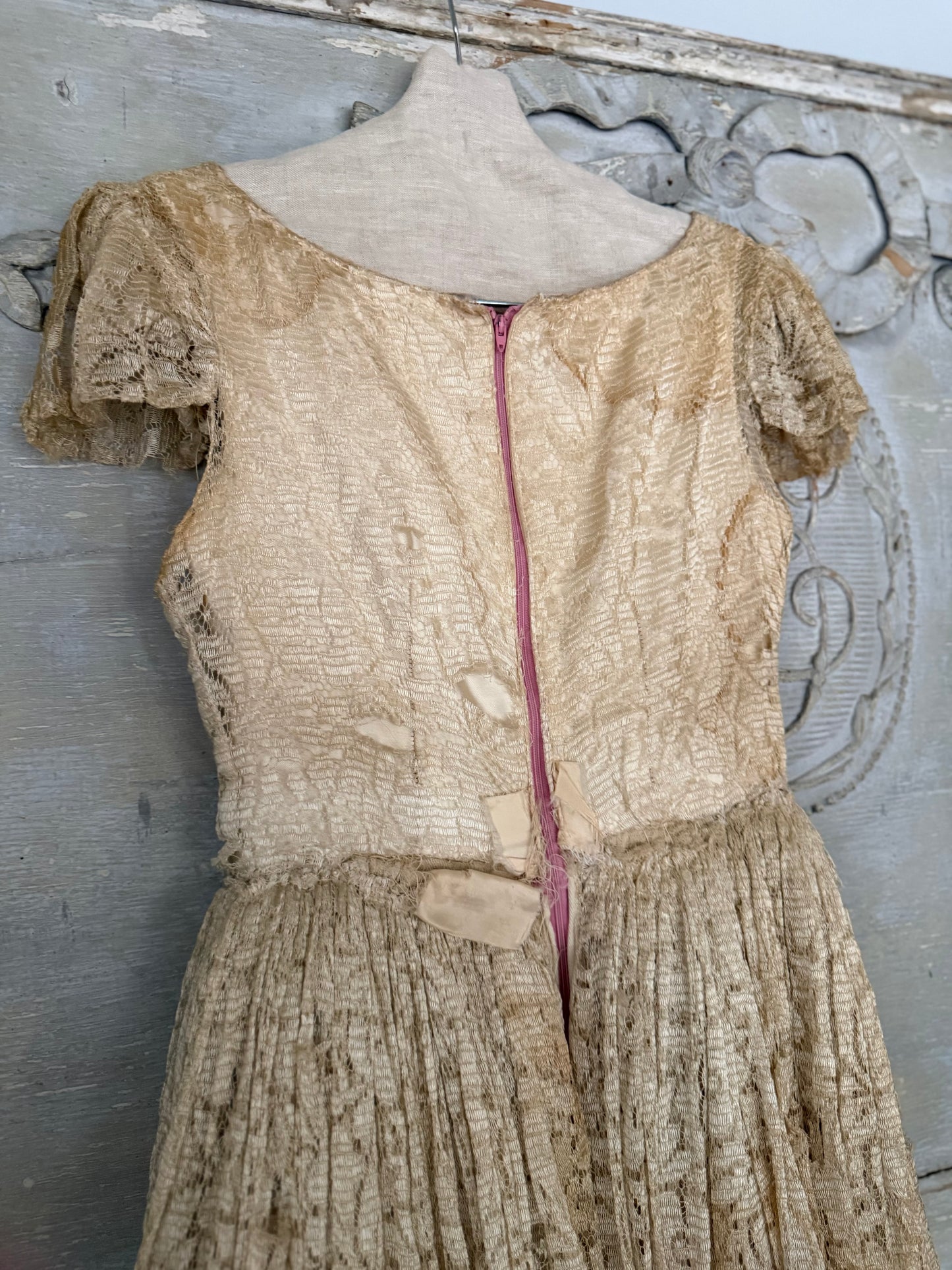 Vintage Full Lace Dress Millinery Flowers Gauze Petticoat