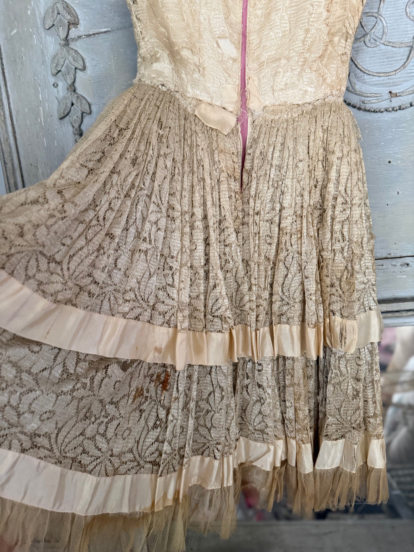 Vintage Full Lace Dress Millinery Flowers Gauze Petticoat