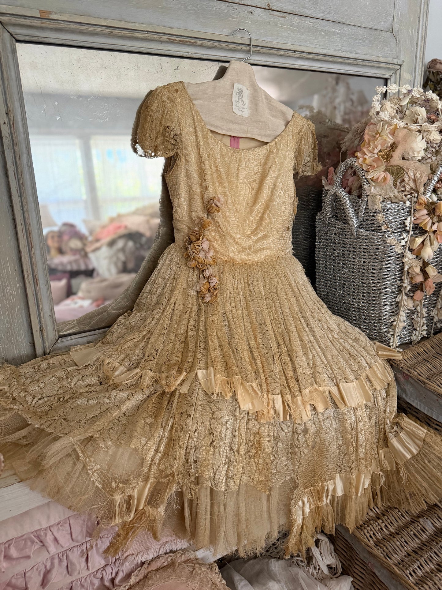 Vintage Full Lace Dress Millinery Flowers Gauze Petticoat