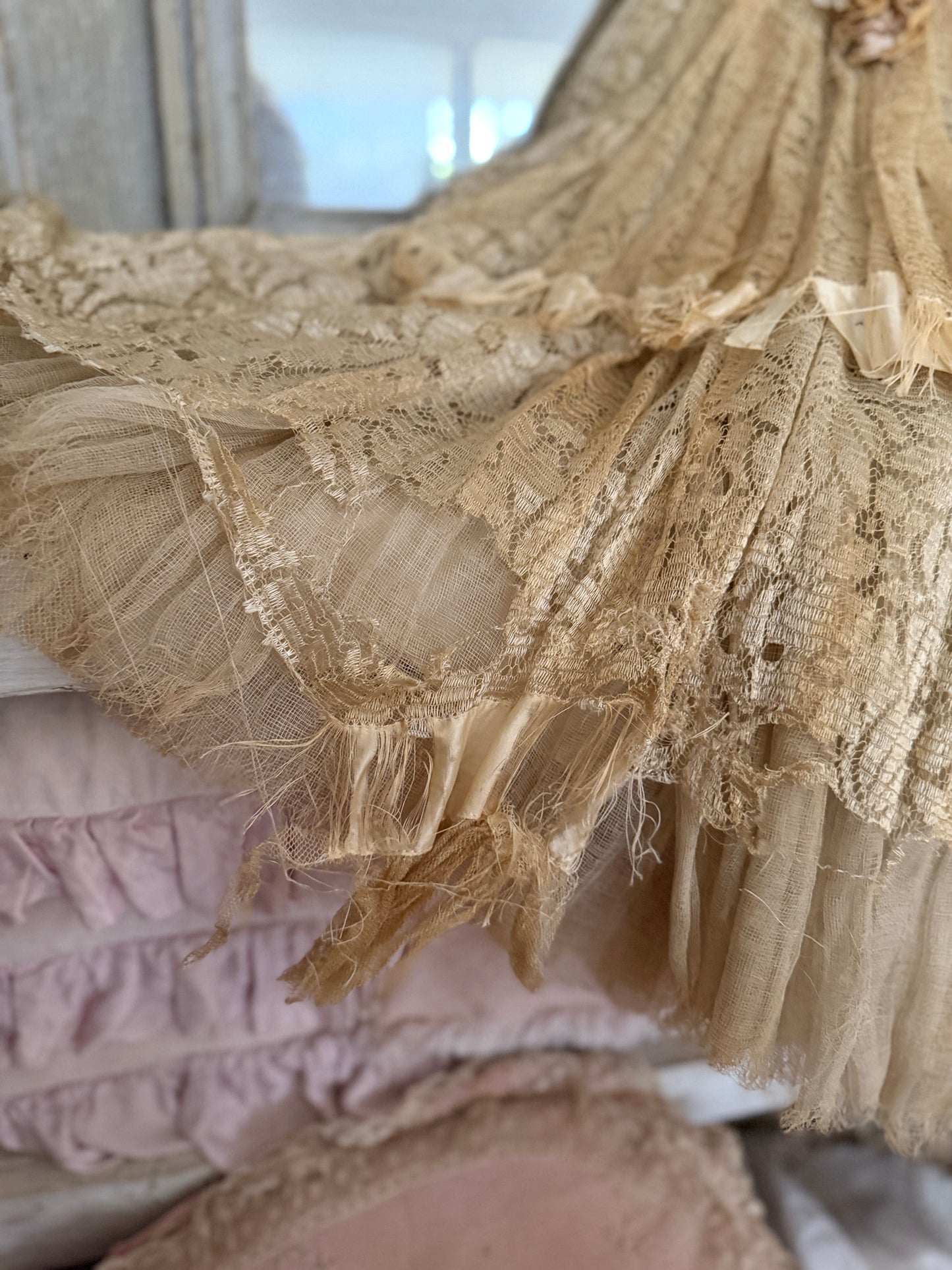 Vintage Full Lace Dress Millinery Flowers Gauze Petticoat