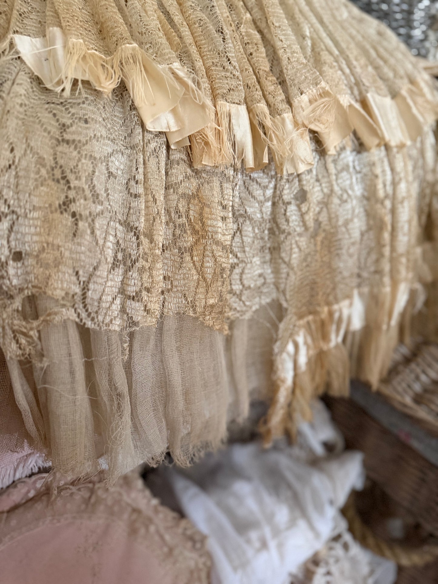 Vintage Full Lace Dress Millinery Flowers Gauze Petticoat