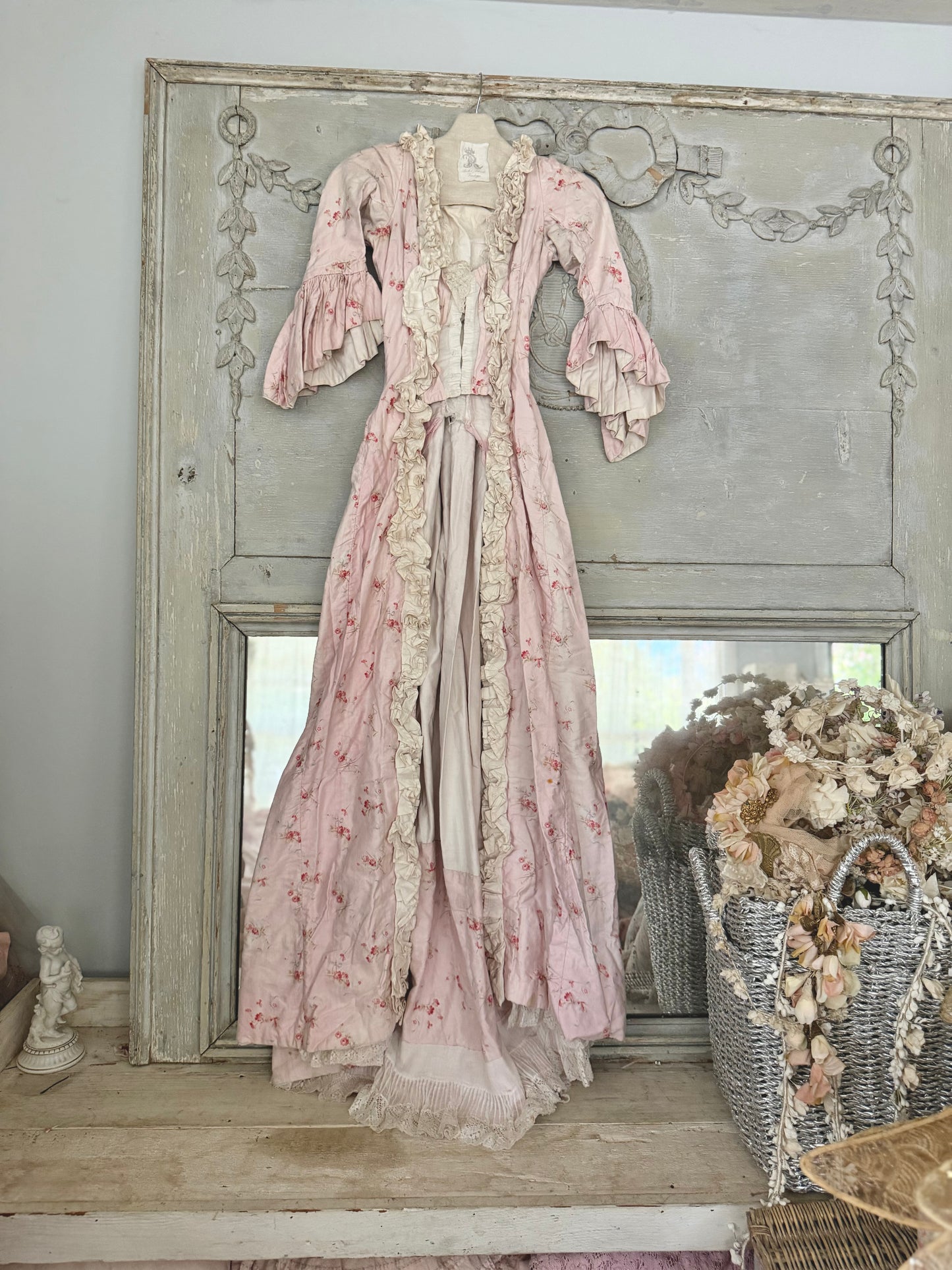 Antique French Pink Rose Floral Lace Rococo Theater Costume Dress