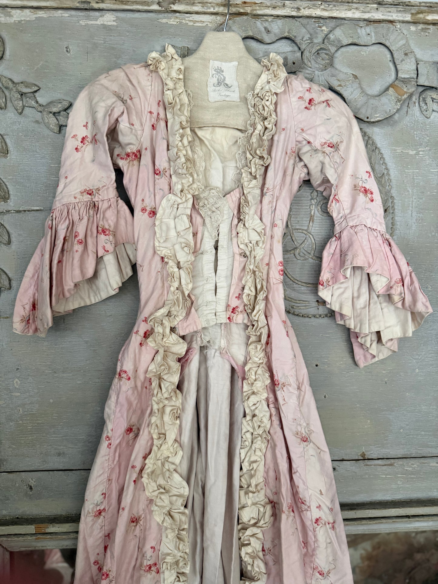 Antique French Pink Rose Floral Lace Rococo Theater Costume Dress