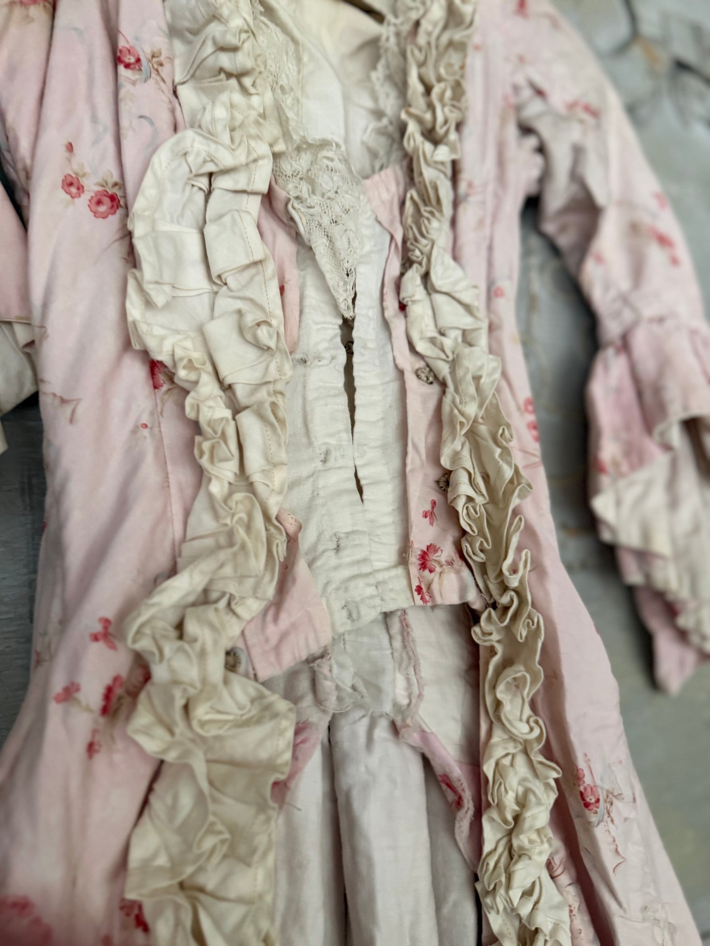 Antique French Pink Rose Floral Lace Rococo Theater Costume Dress