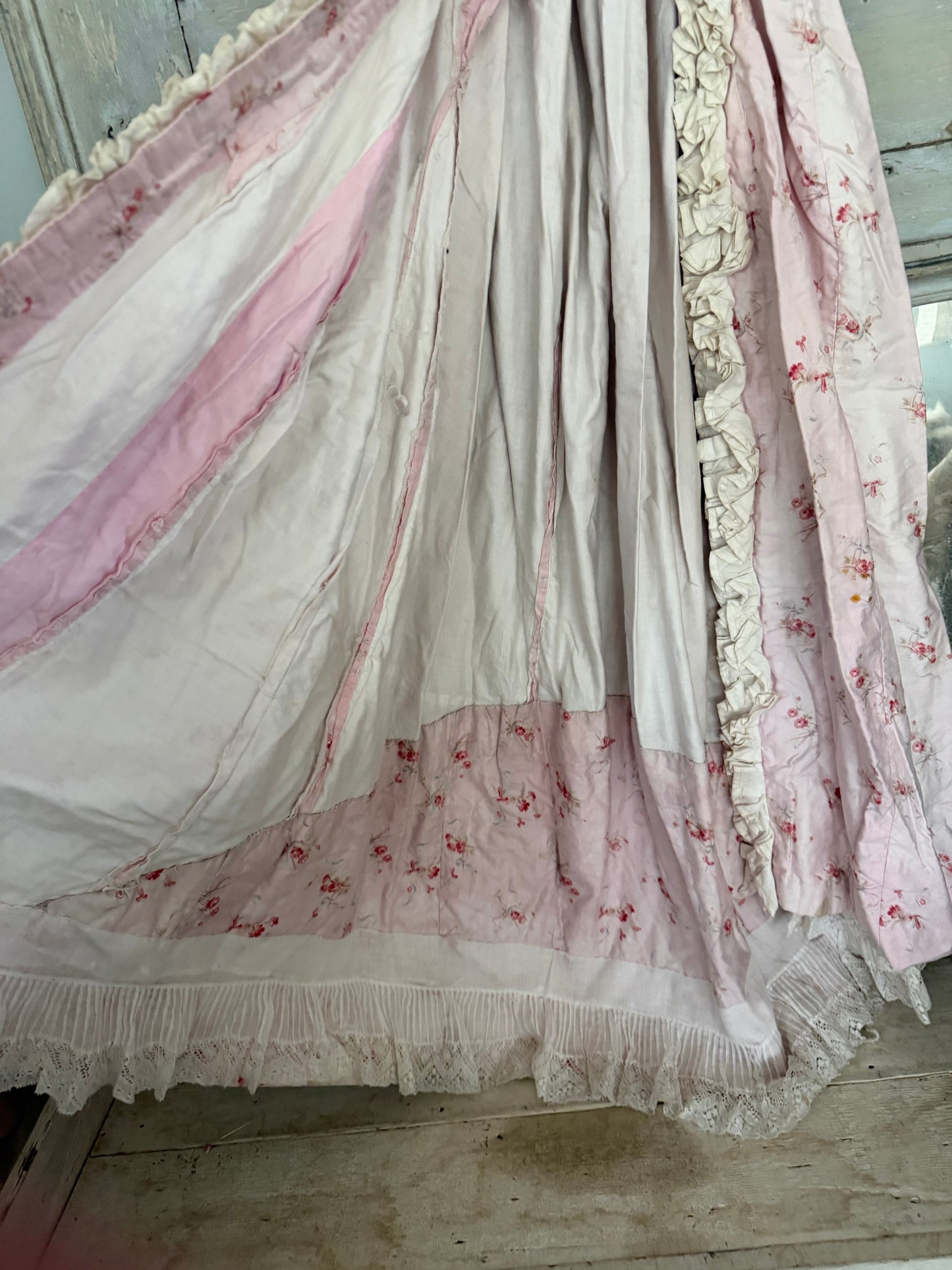 Antique French Pink Rose Floral Lace Rococo Theater Costume Dress