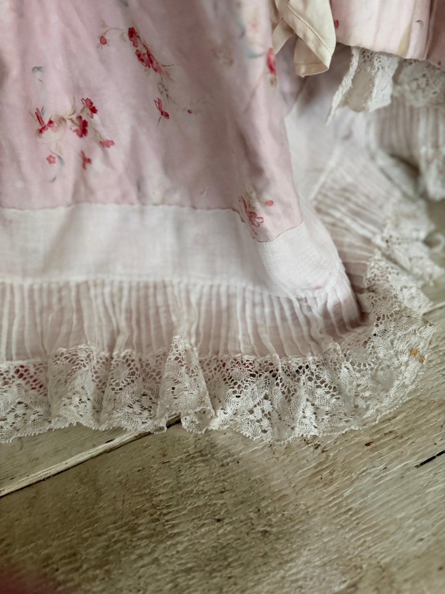 Antique French Pink Rose Floral Lace Rococo Theater Costume Dress
