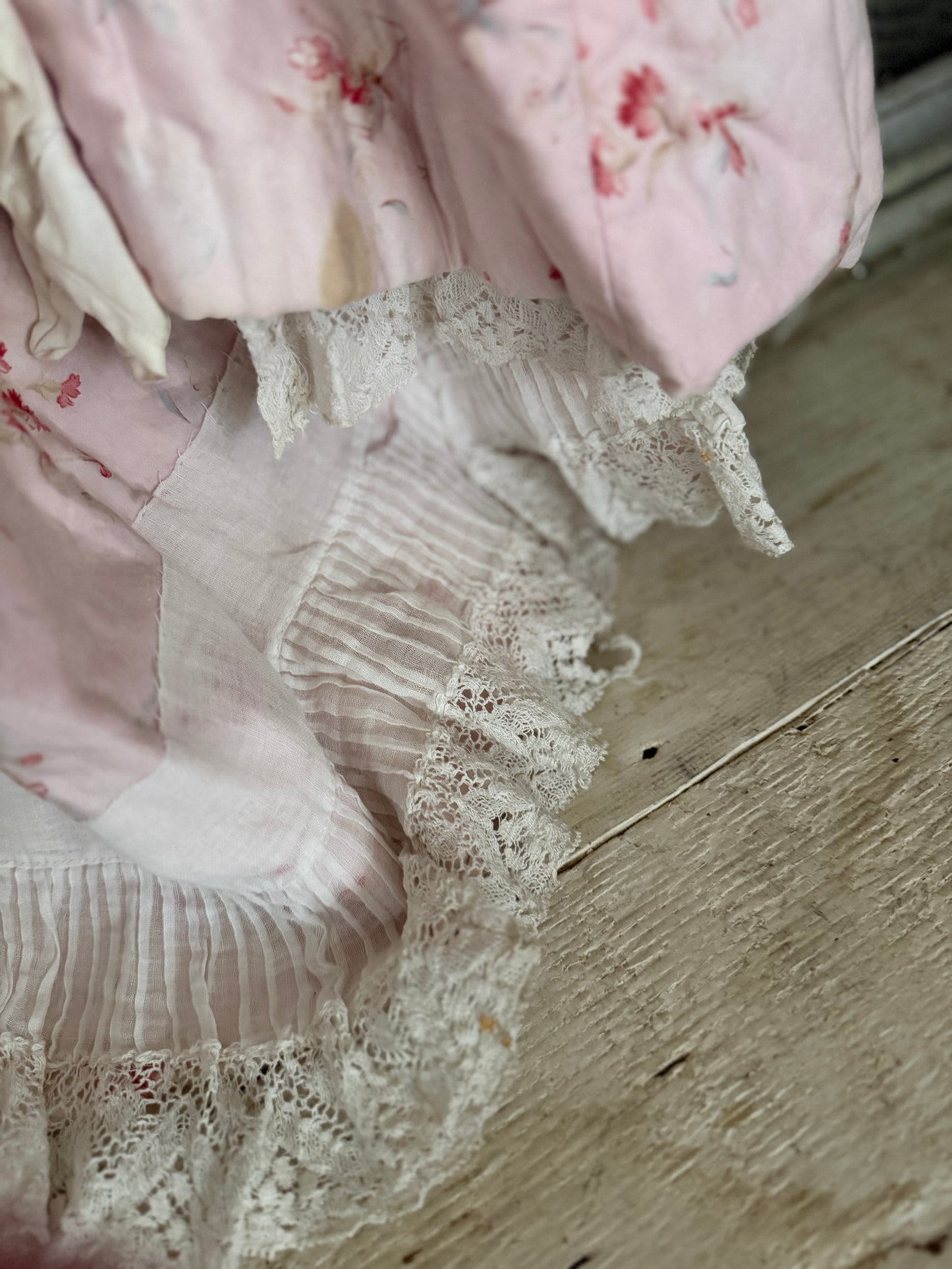 Antique French Pink Rose Floral Lace Rococo Theater Costume Dress