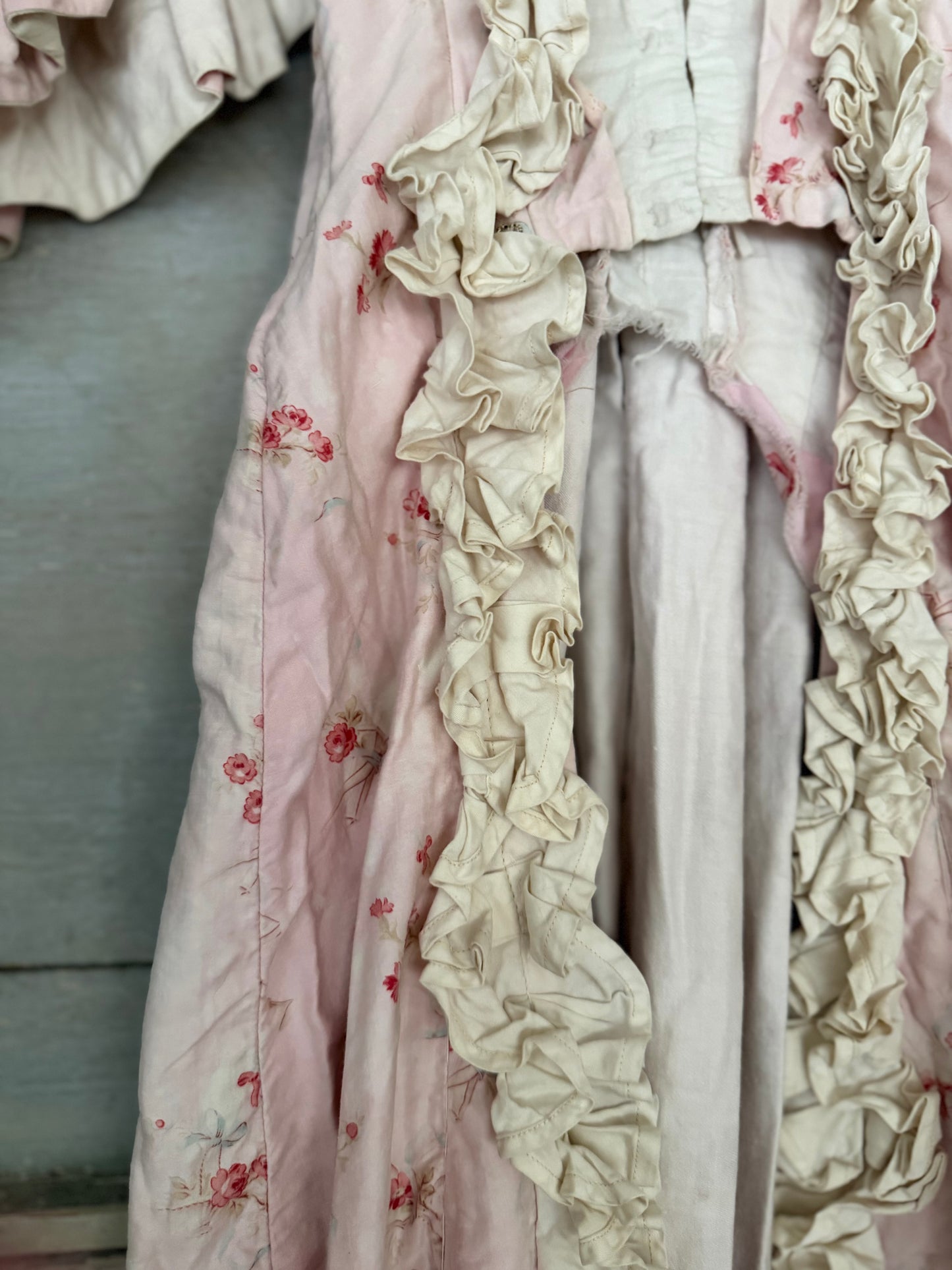 Antique French Pink Rose Floral Lace Rococo Theater Costume Dress