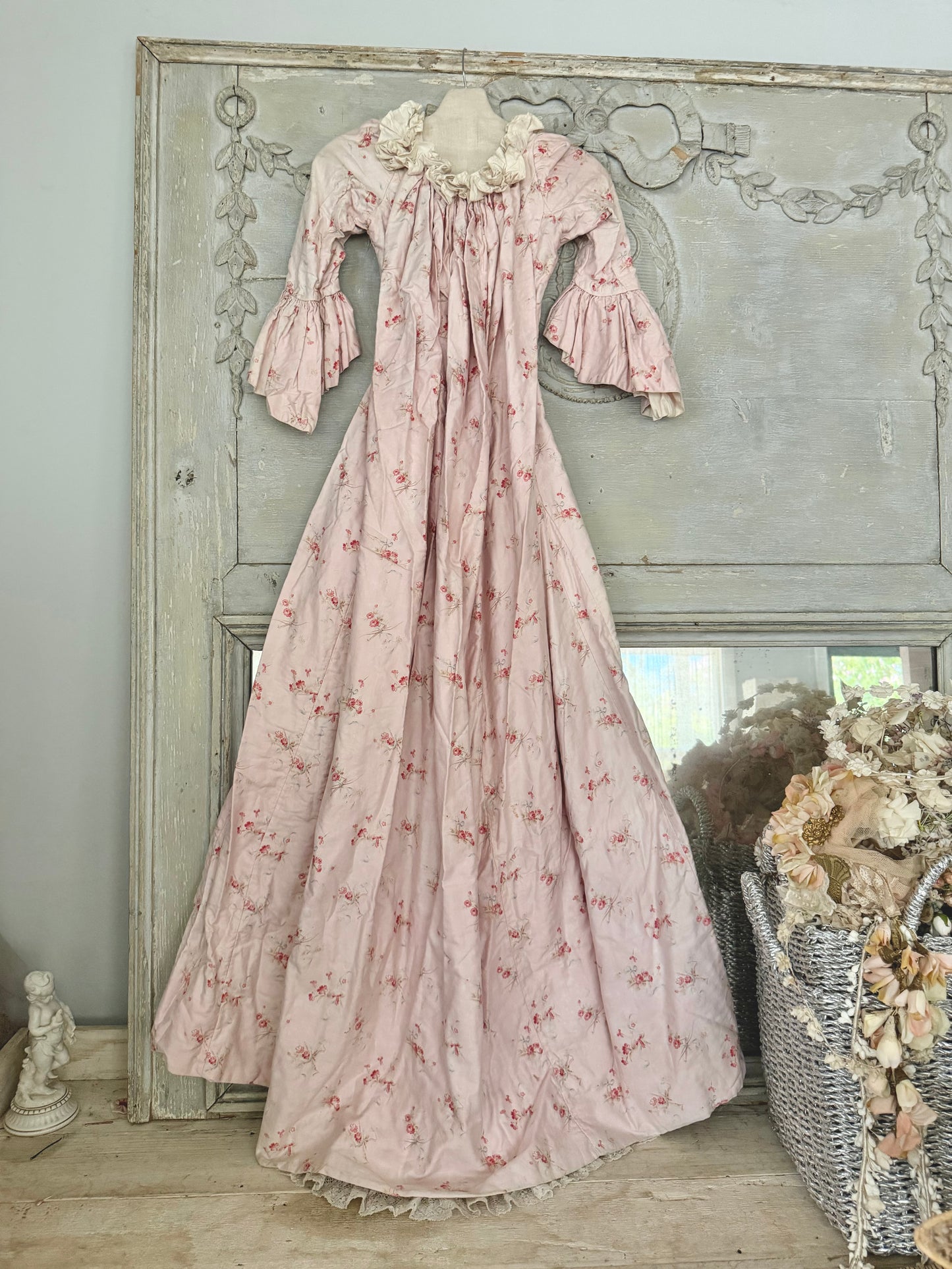 Antique French Pink Rose Floral Lace Rococo Theater Costume Dress