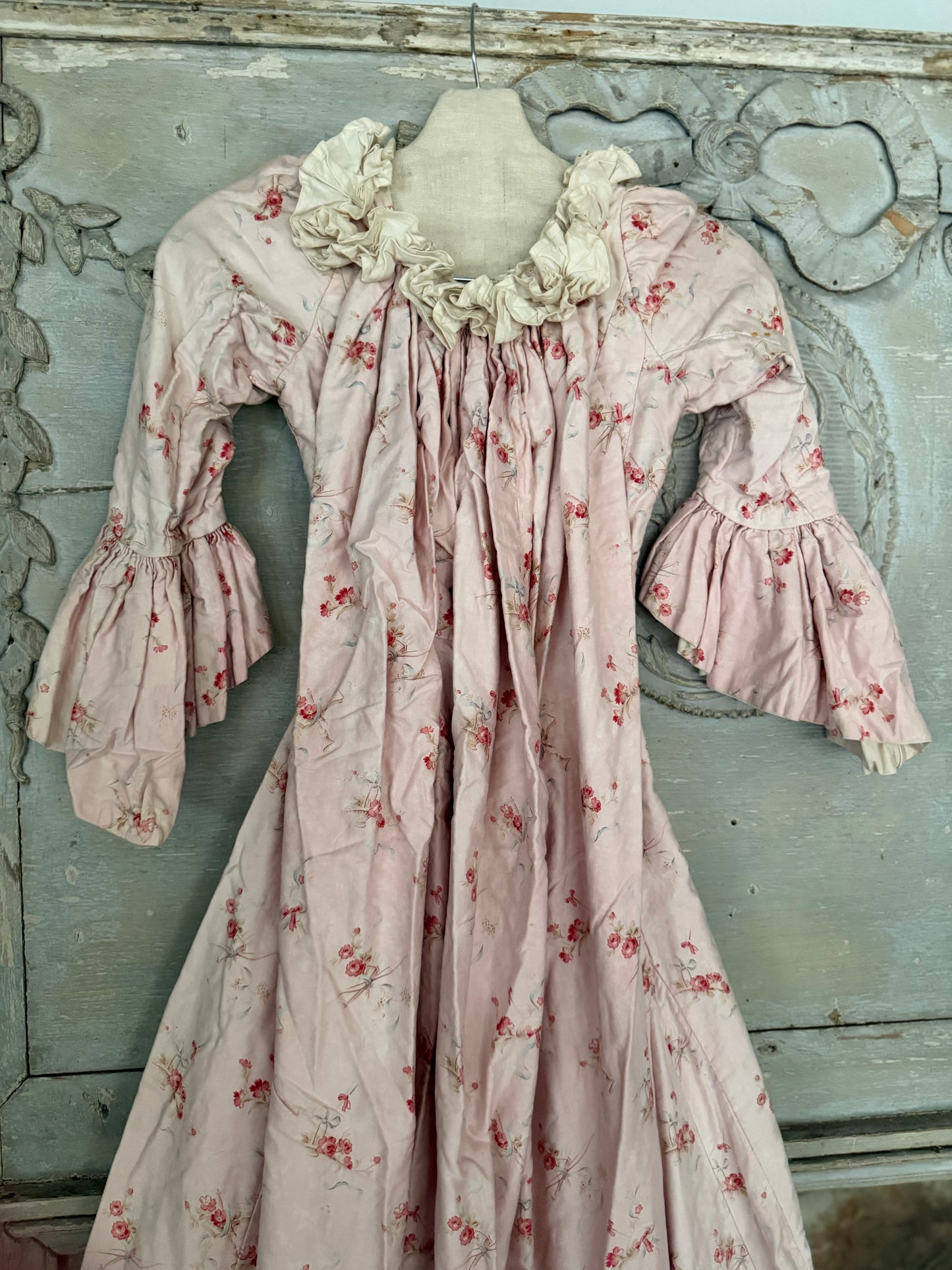 Antique French Pink Rose Floral Lace Rococo Theater Costume Dress