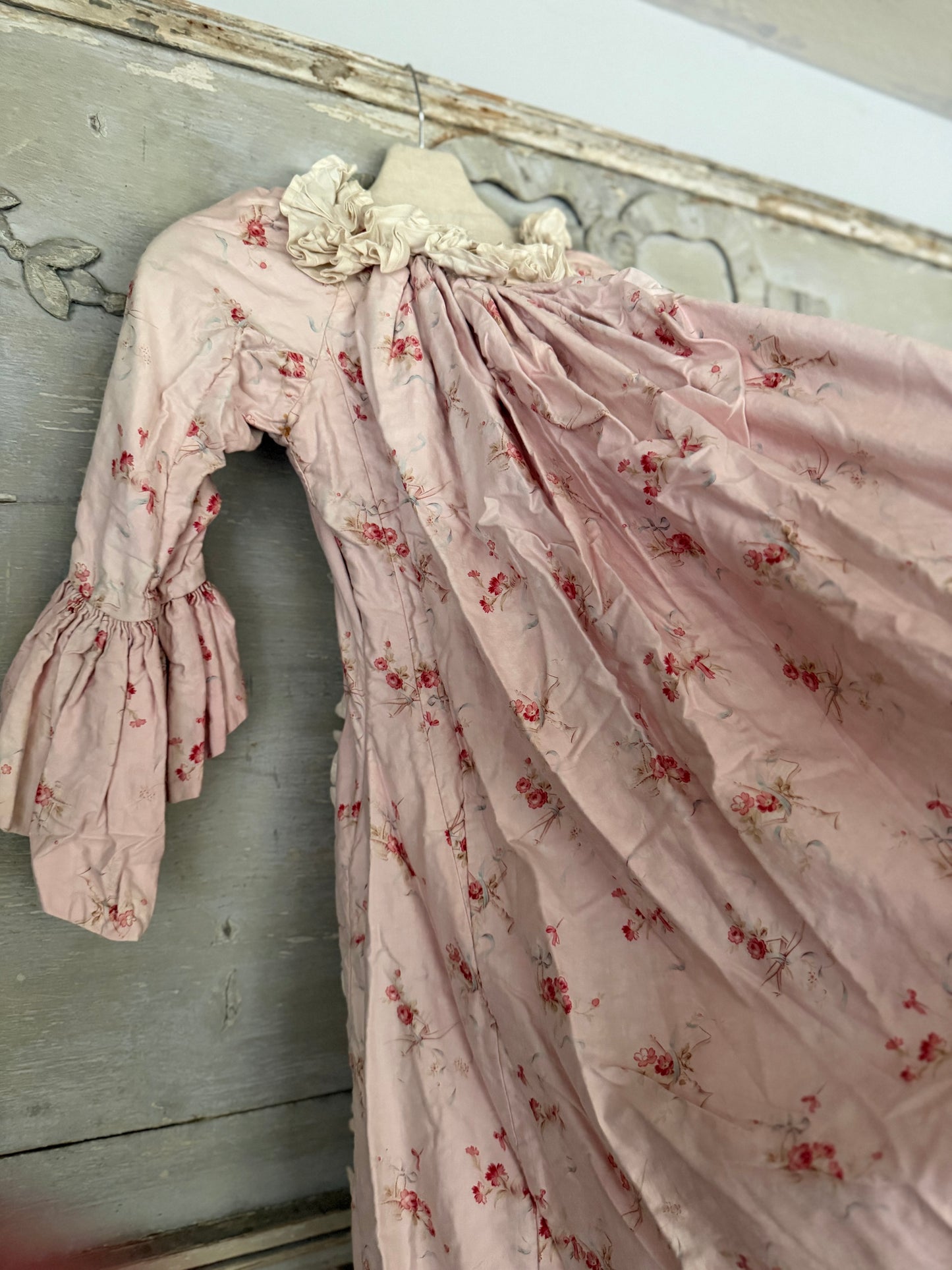 Antique French Pink Rose Floral Lace Rococo Theater Costume Dress
