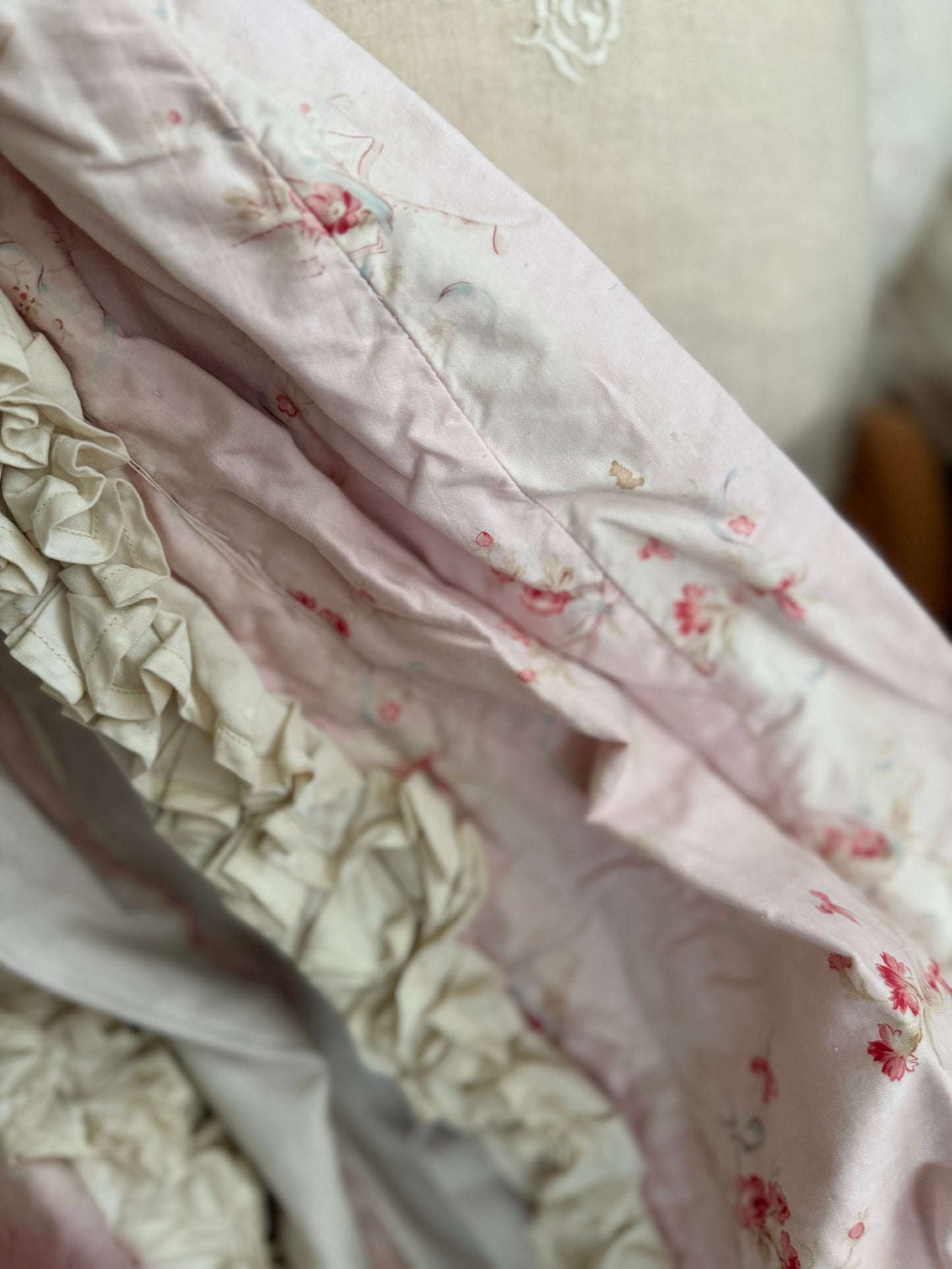 Antique French Pink Rose Floral Lace Rococo Theater Costume Dress