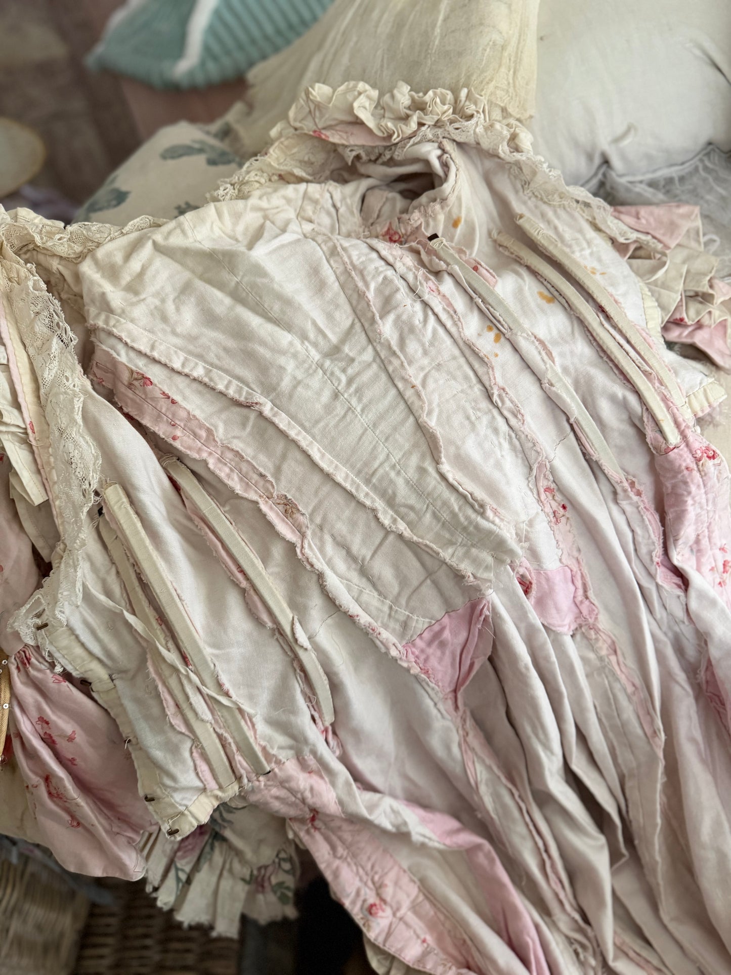 Antique French Pink Rose Floral Lace Rococo Theater Costume Dress