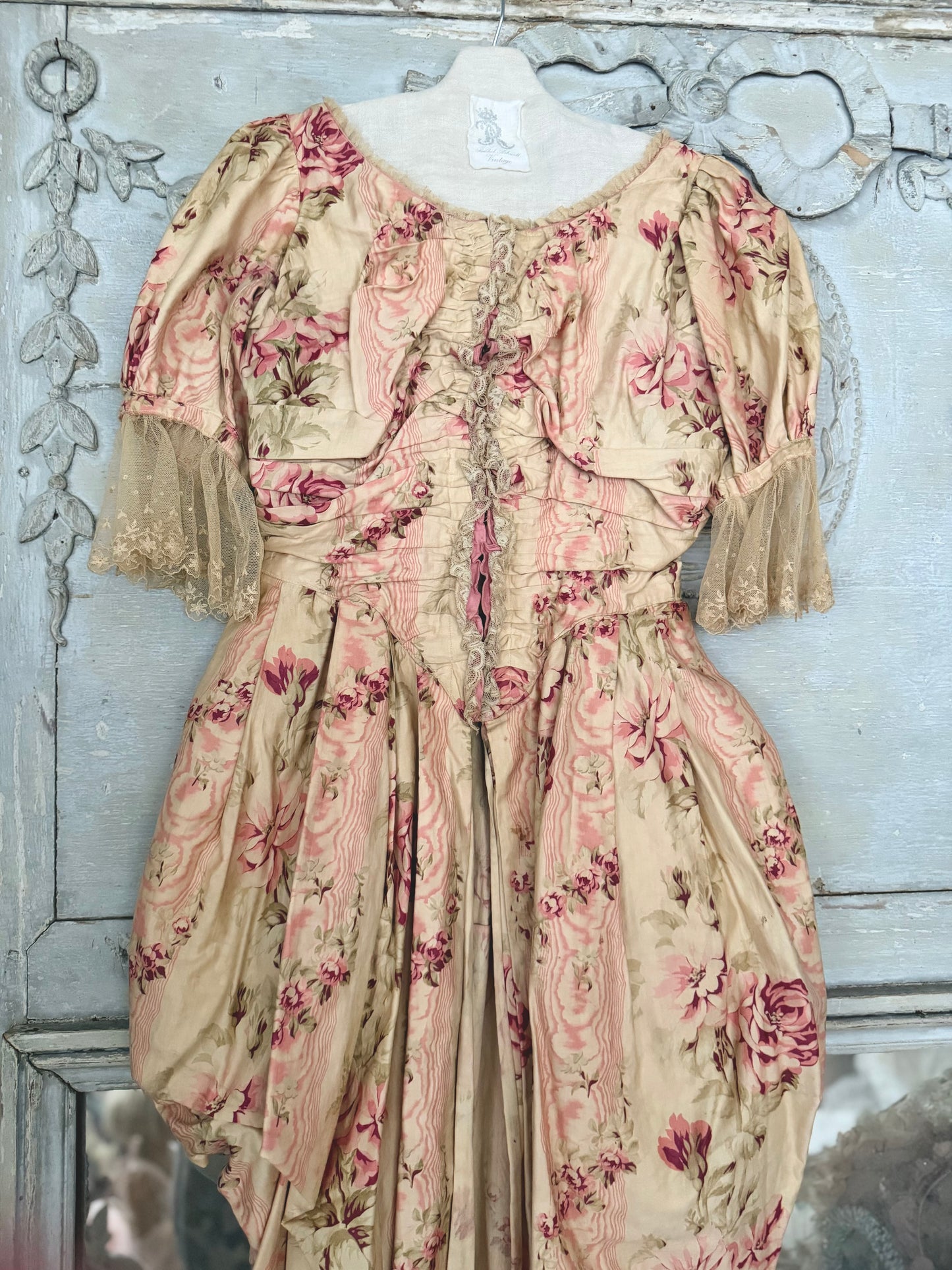 Antique French Pink Rose Floral Rococo Theater Costume Dress