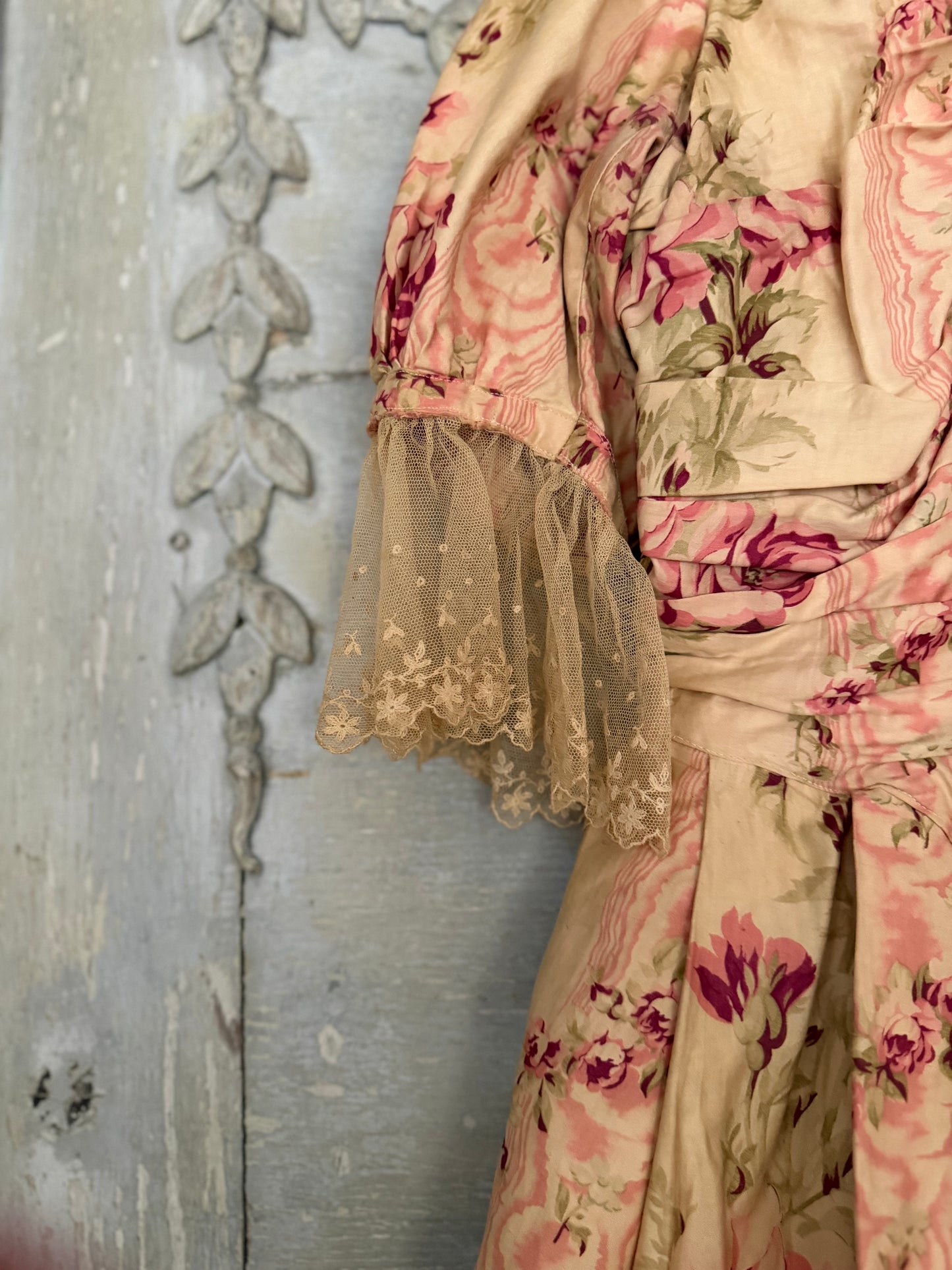 Antique French Pink Rose Floral Rococo Theater Costume Dress
