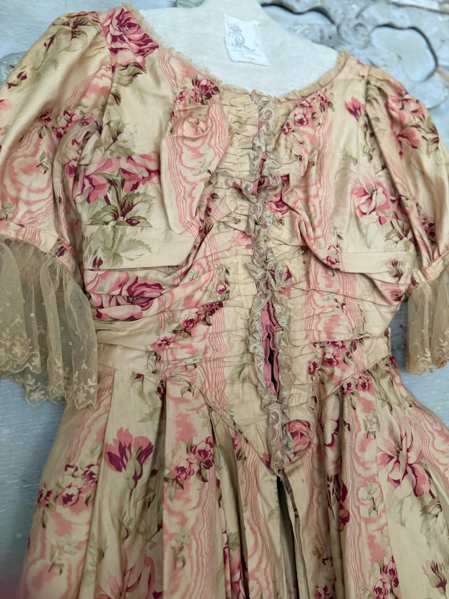 Antique French Pink Rose Floral Rococo Theater Costume Dress